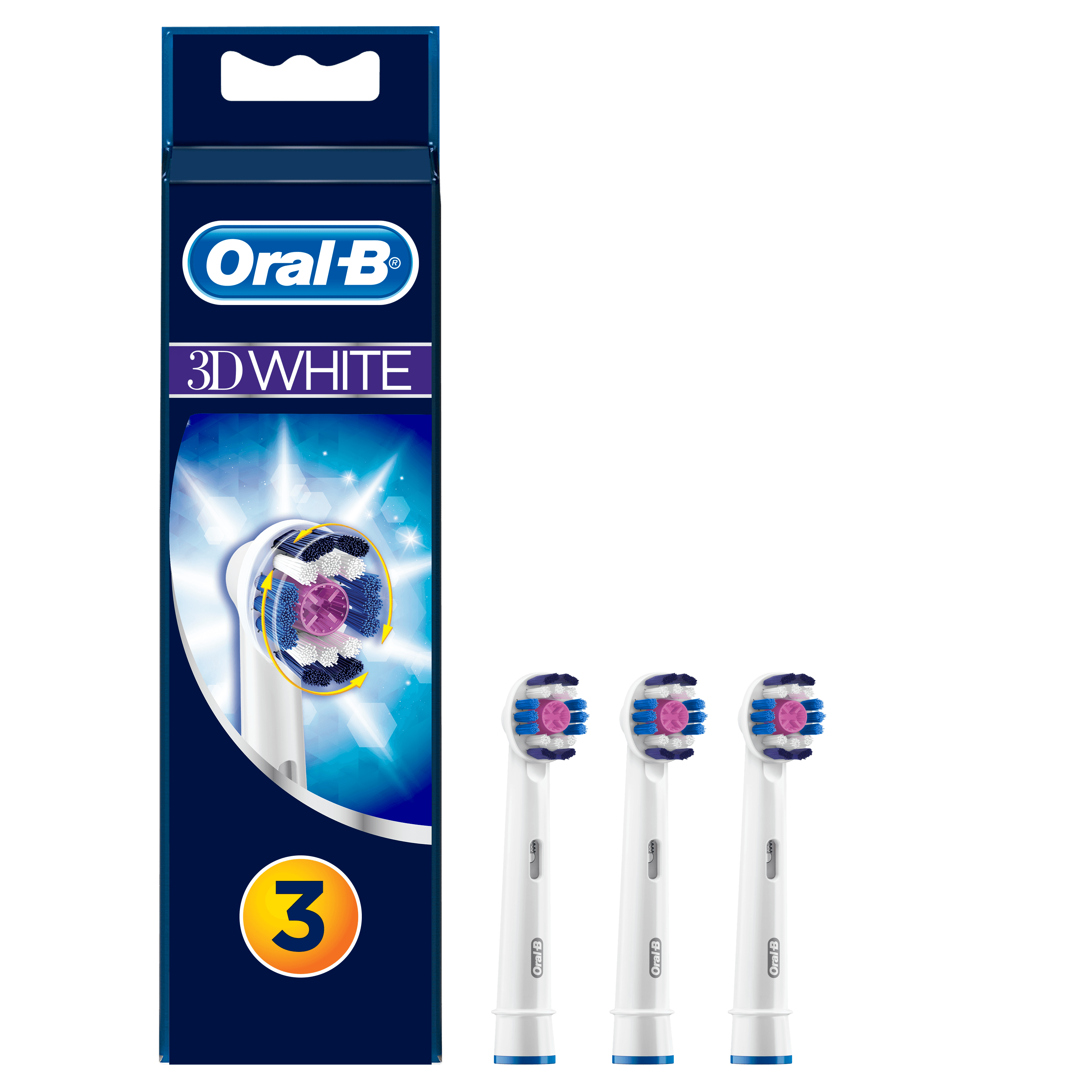 Drei Oral-B 3D White Zahnbürstenköpfe in einer blau-weißen Verpackung. Text: '3'.