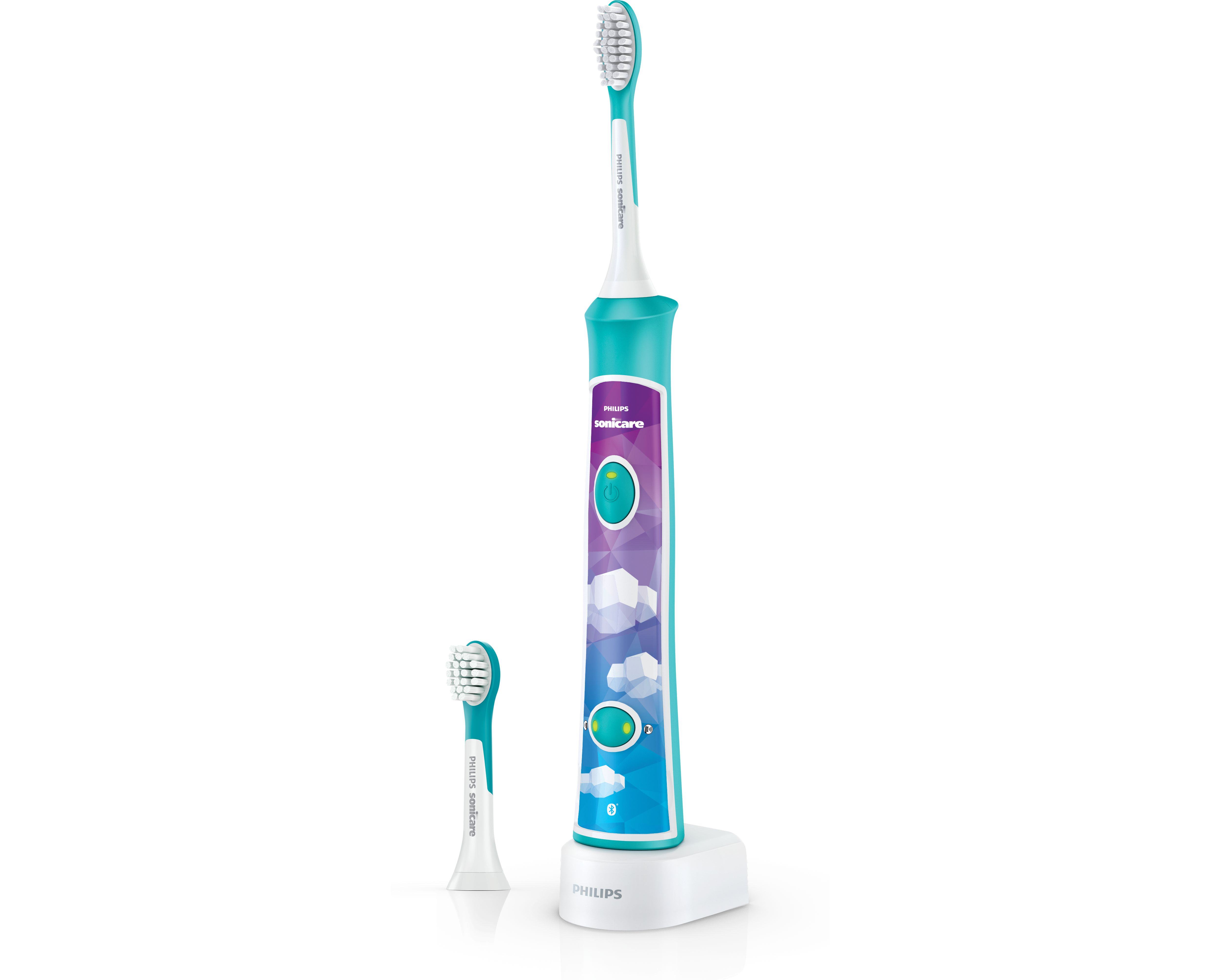 Blaue und weiße Philips Sonicare elektrische Zahnbürste mit Ersatzkopf und Ladegerät, auf Weiß.