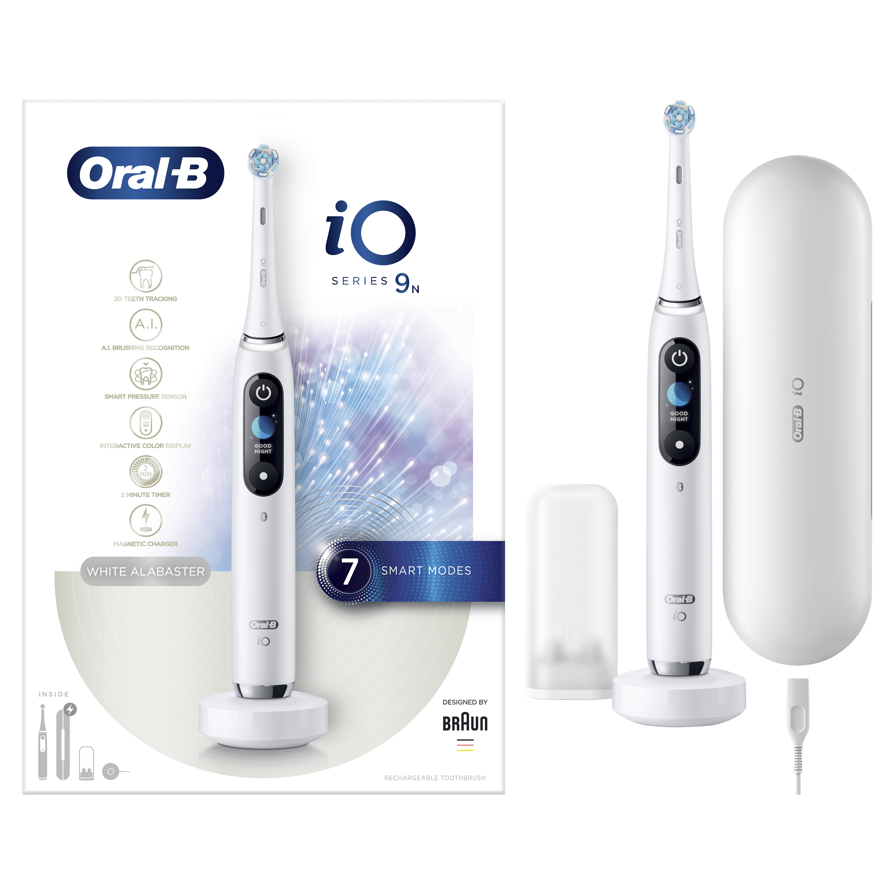 Spazzolino elettrico Oral-B iO Series 9N bianco e blu con accessori, su sfondo bianco.
