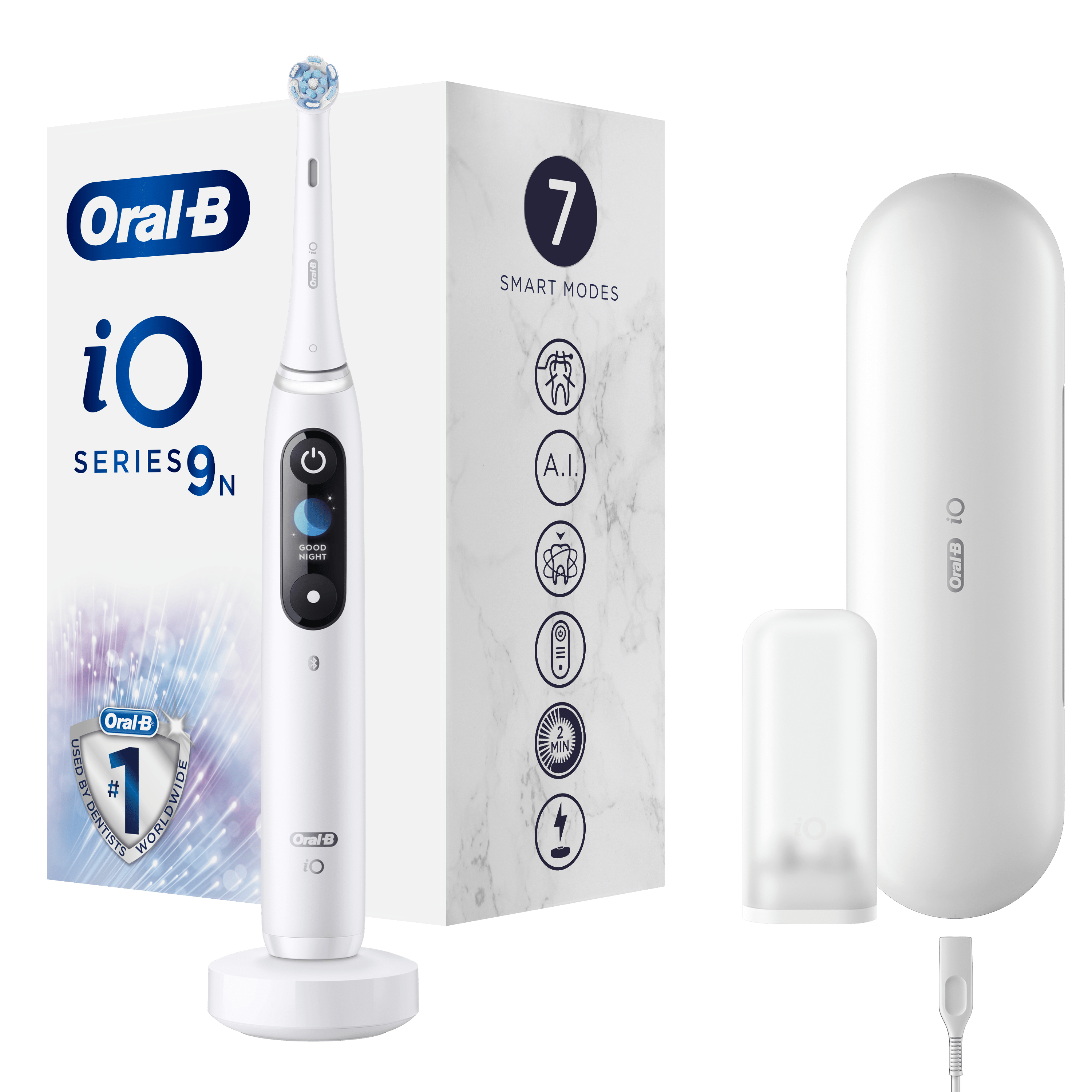 Uno spazzolino elettrico Oral-B iO Series 9N, base di ricarica e custodia da viaggio su sfondo bianco.