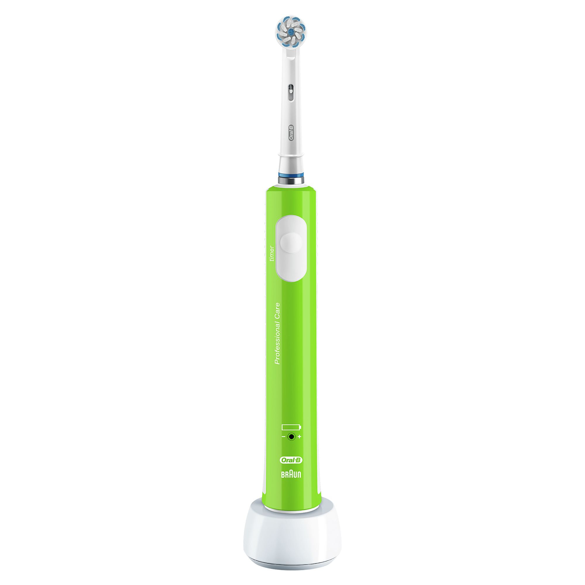 Grüne elektrische Zahnbürste auf Ladestation, weißer Hintergrund.