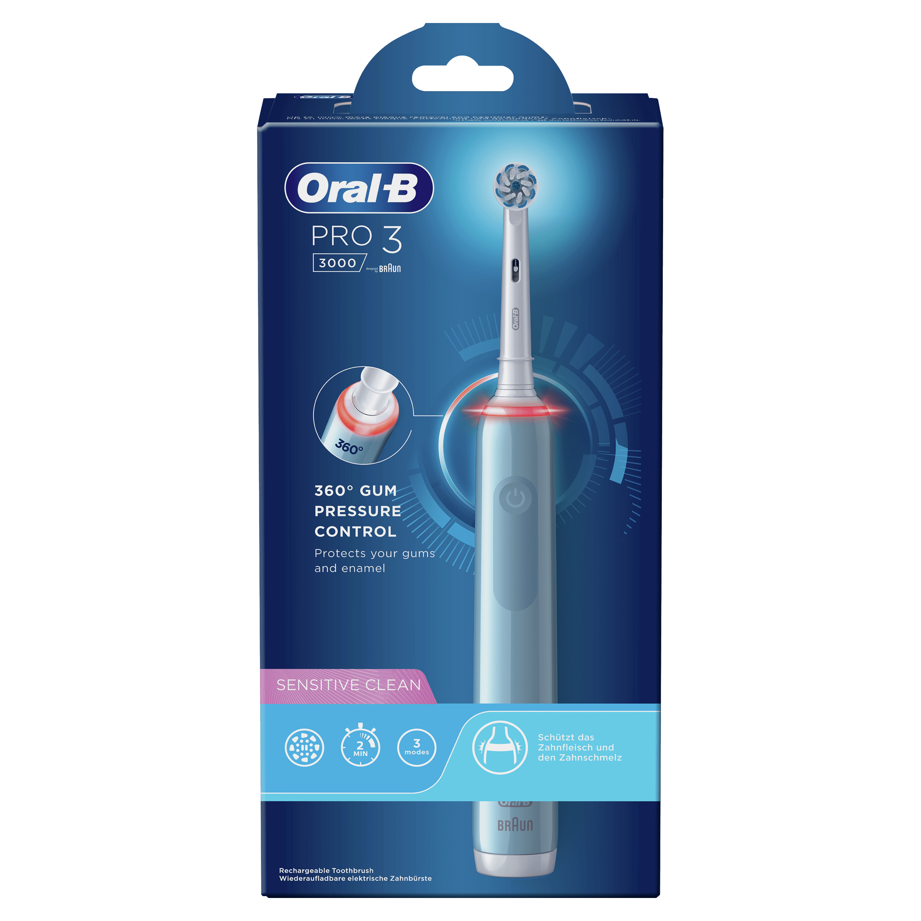 Spazzolino elettrico Oral-B in confezione, che mostra funzioni come il controllo della pressione.