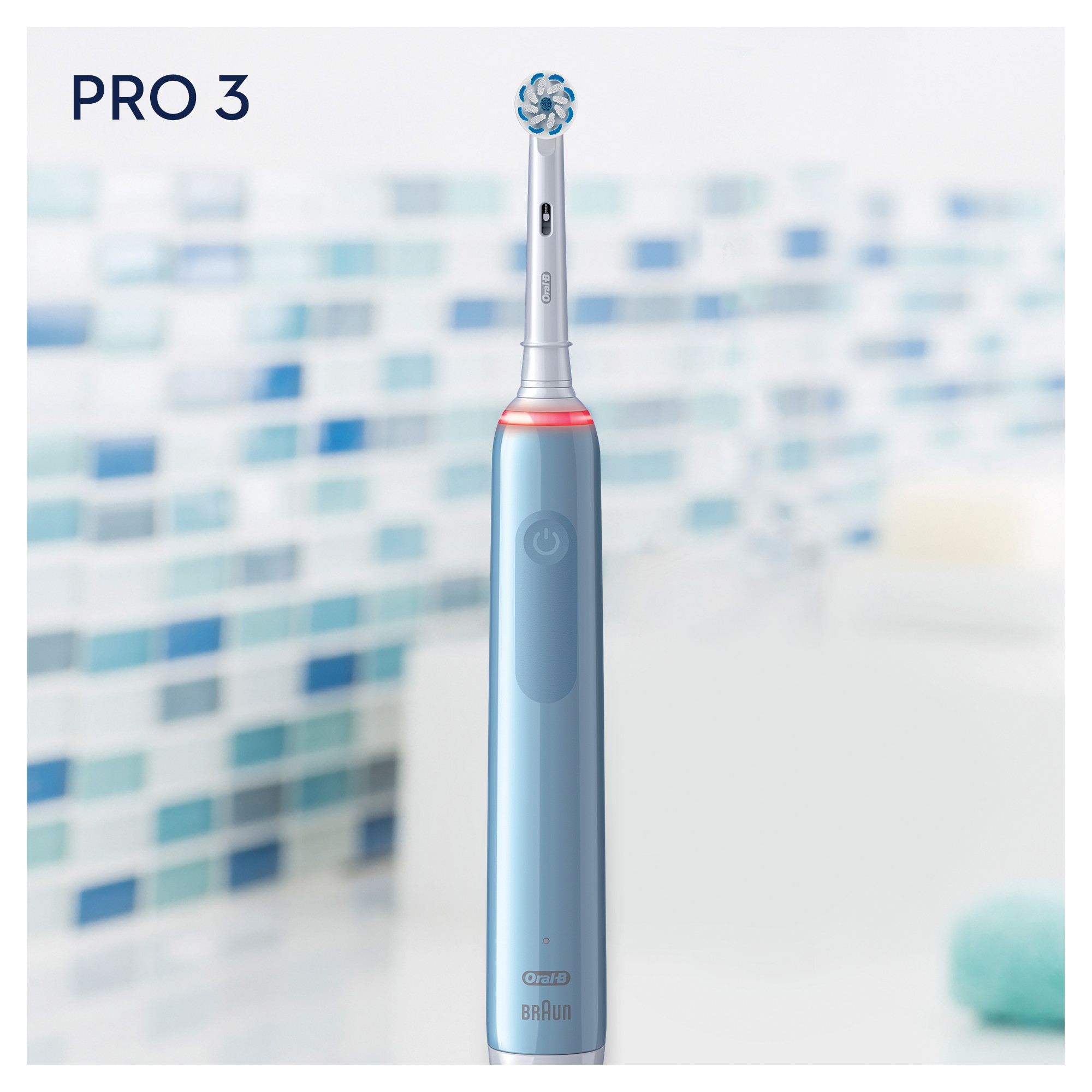 Spazzolino elettrico blu con luce rossa e la scritta "PRO 3".