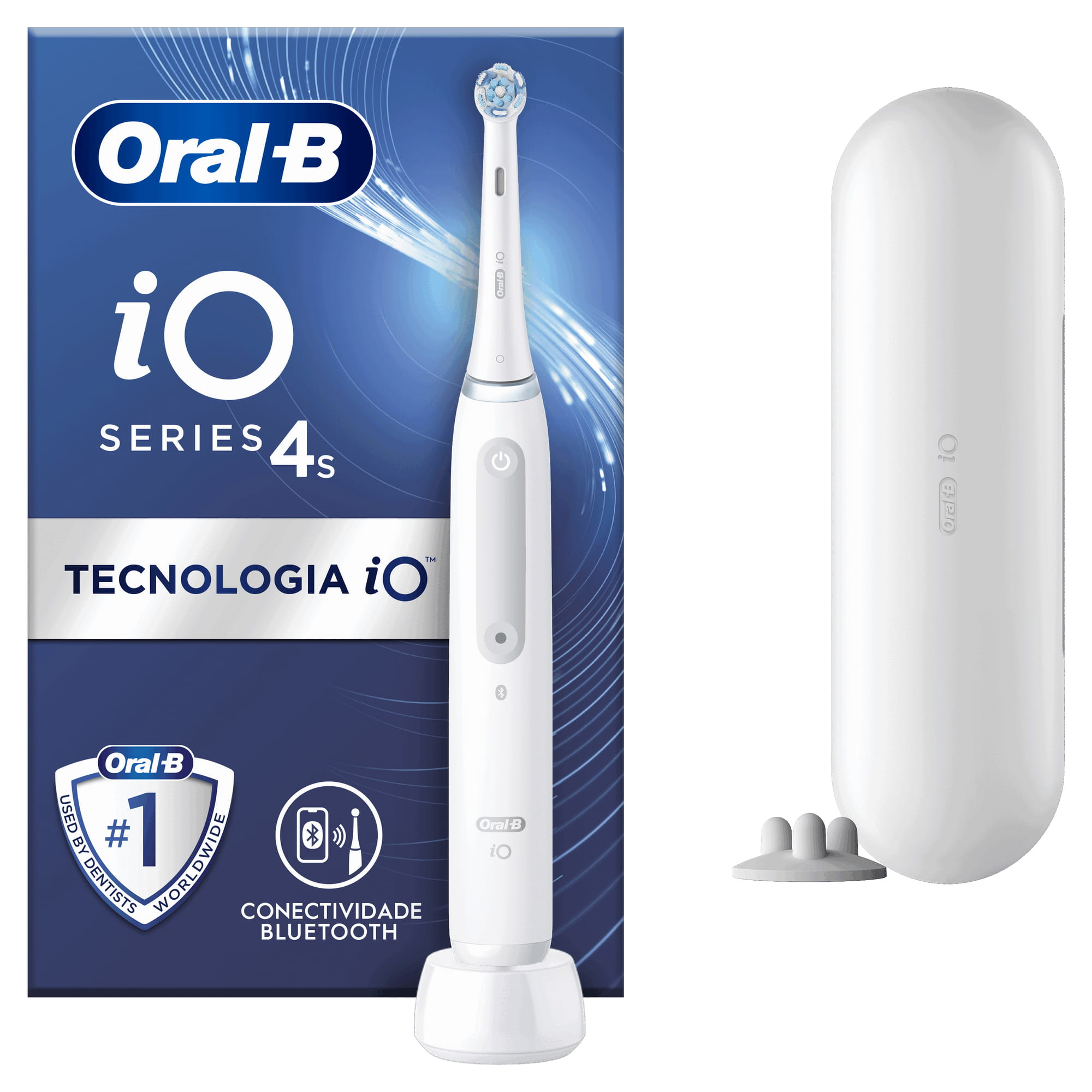 Cepillo dental eléctrico Oral-B iO Series 4s blanco, base de carga y estuche de viaje sobre fondo blanco.