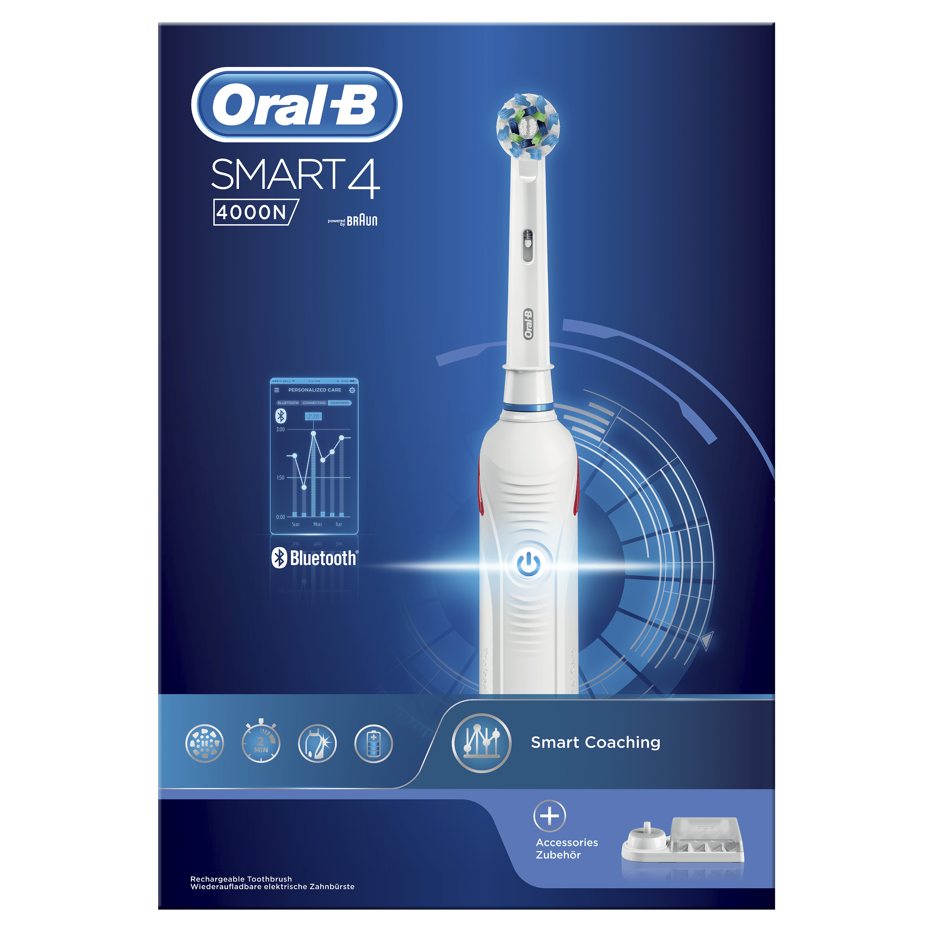 Biało-niebieska szczoteczka Oral-B Smart 4000N, z ikoną Bluetooth, na niebieskim tle.