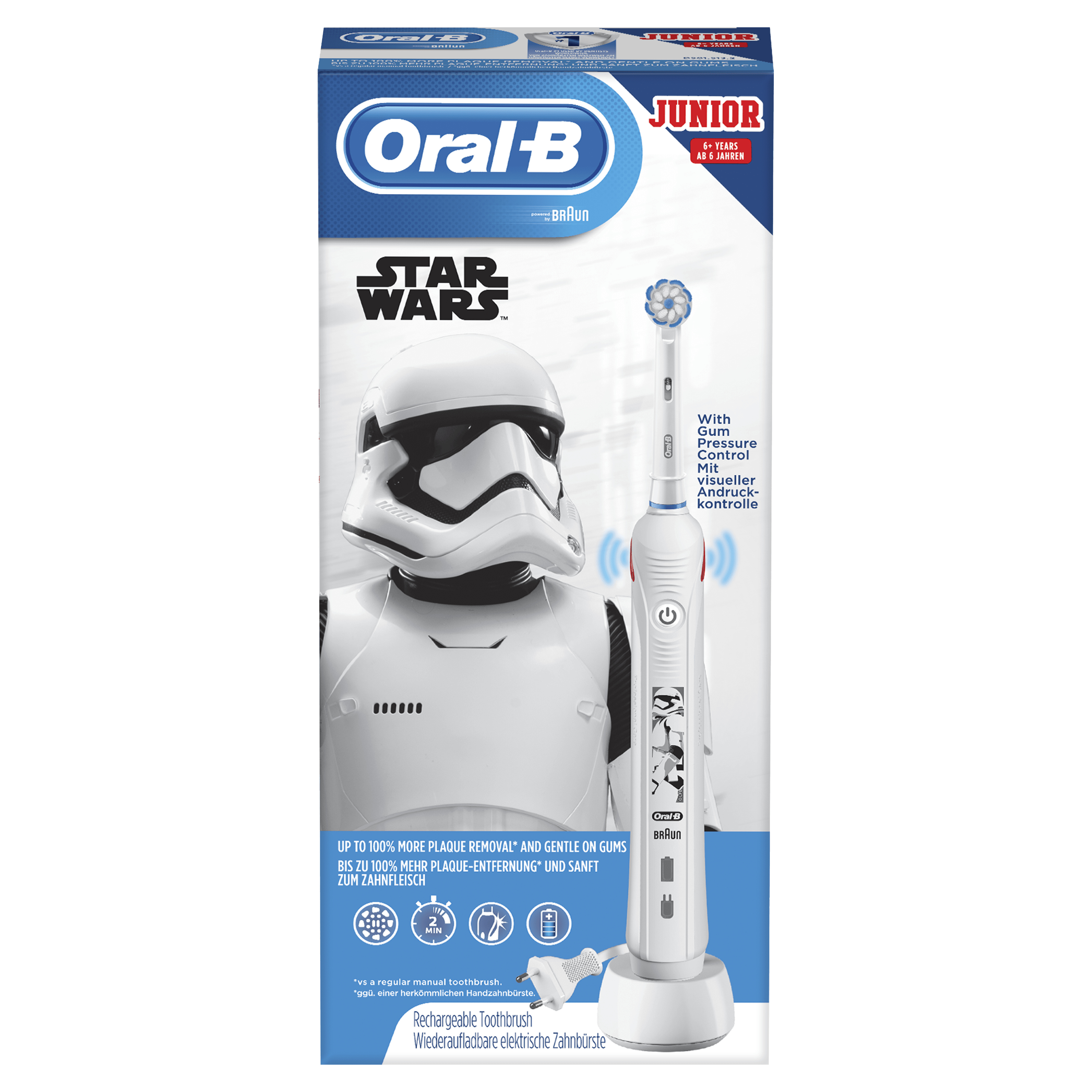 Pudełko szczoteczki Oral-B ze szturmowcem Star Wars i cechami produktu.