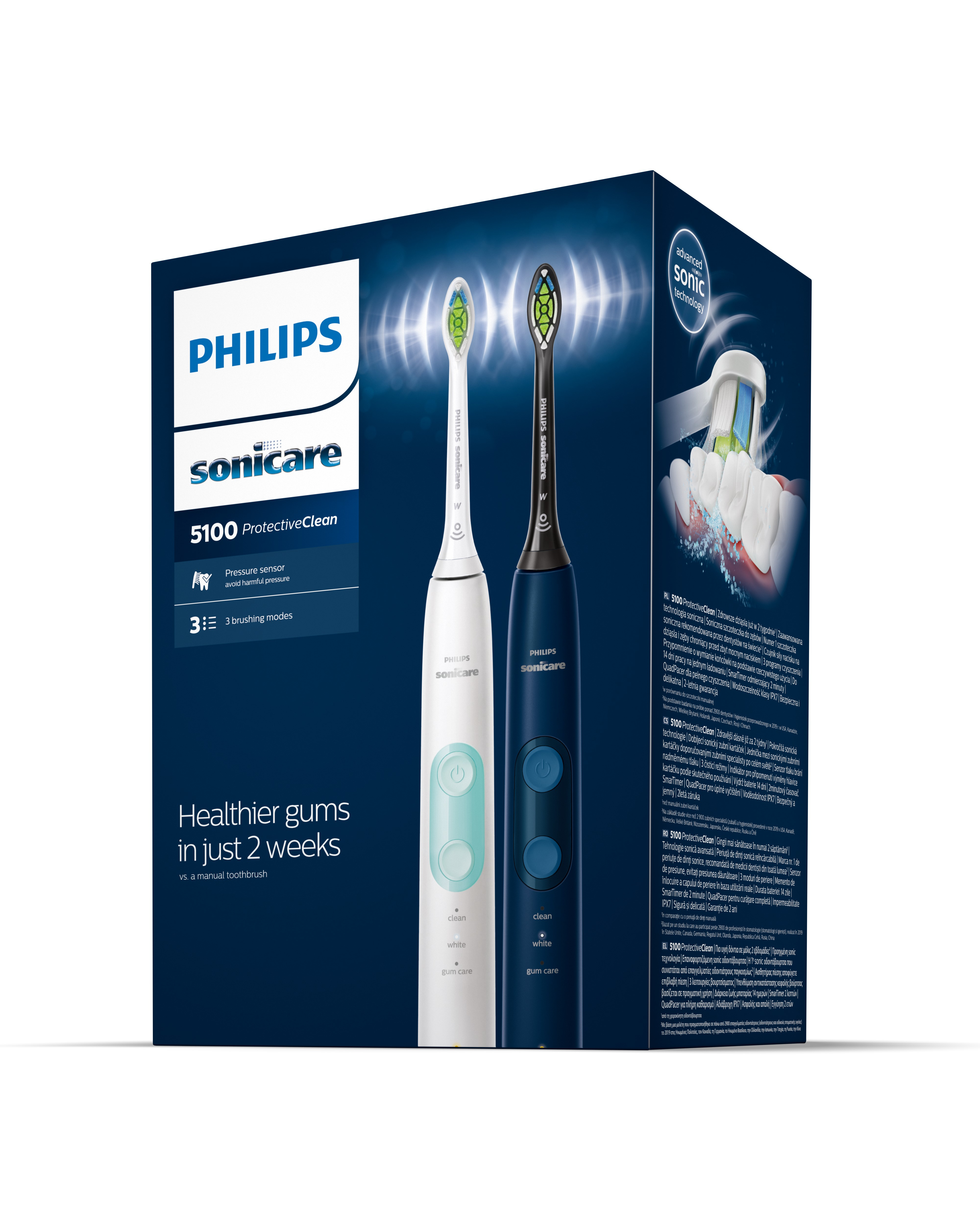 Eine Schachtel mit zwei elektrischen Philips Sonicare Zahnbürsten, Fokus auf dem Produkt.