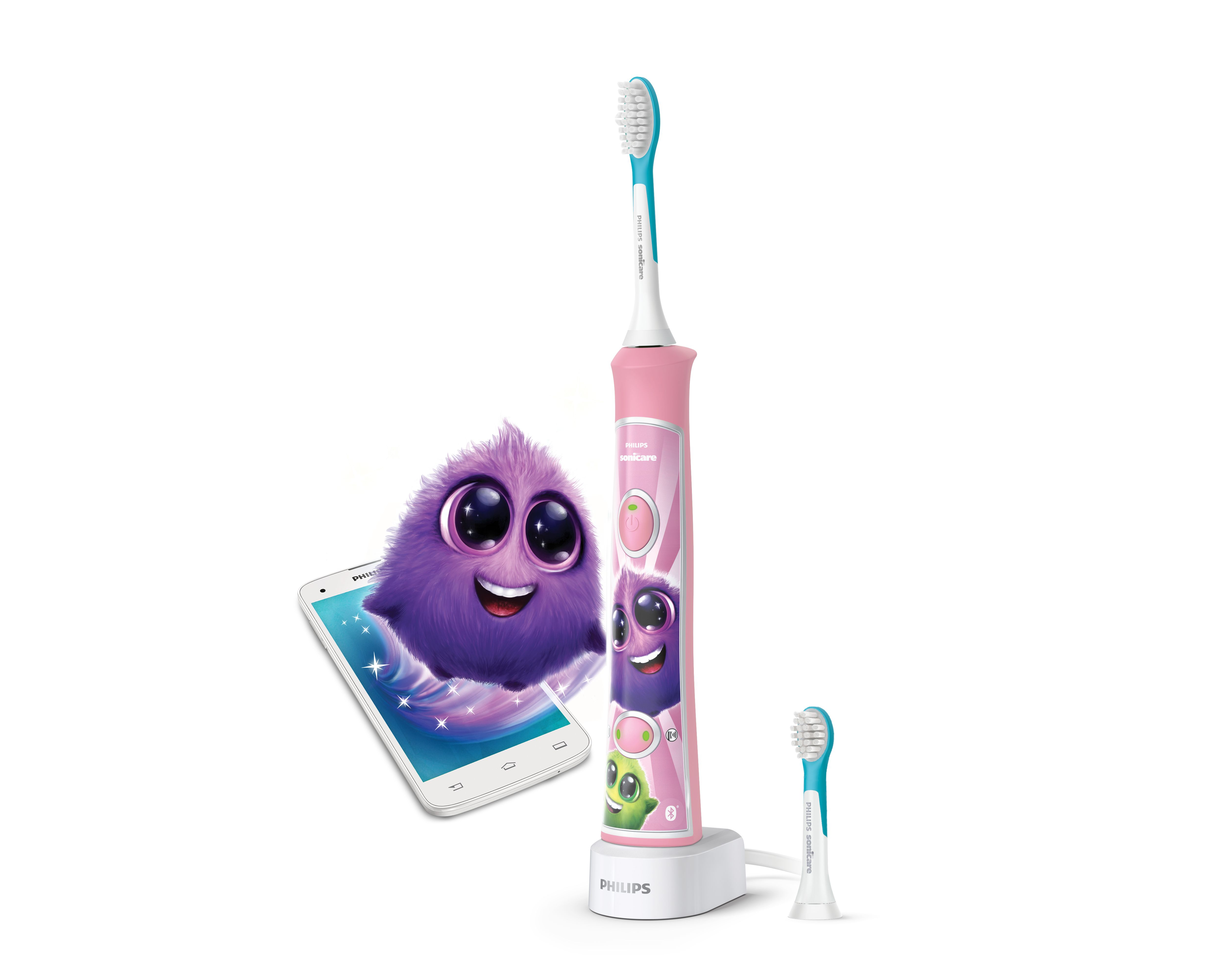 Rosa Philips Sonicare elektrische Zahnbürste, ein Smartphone und eine lila Cartoonfigur auf weißem Hintergrund.