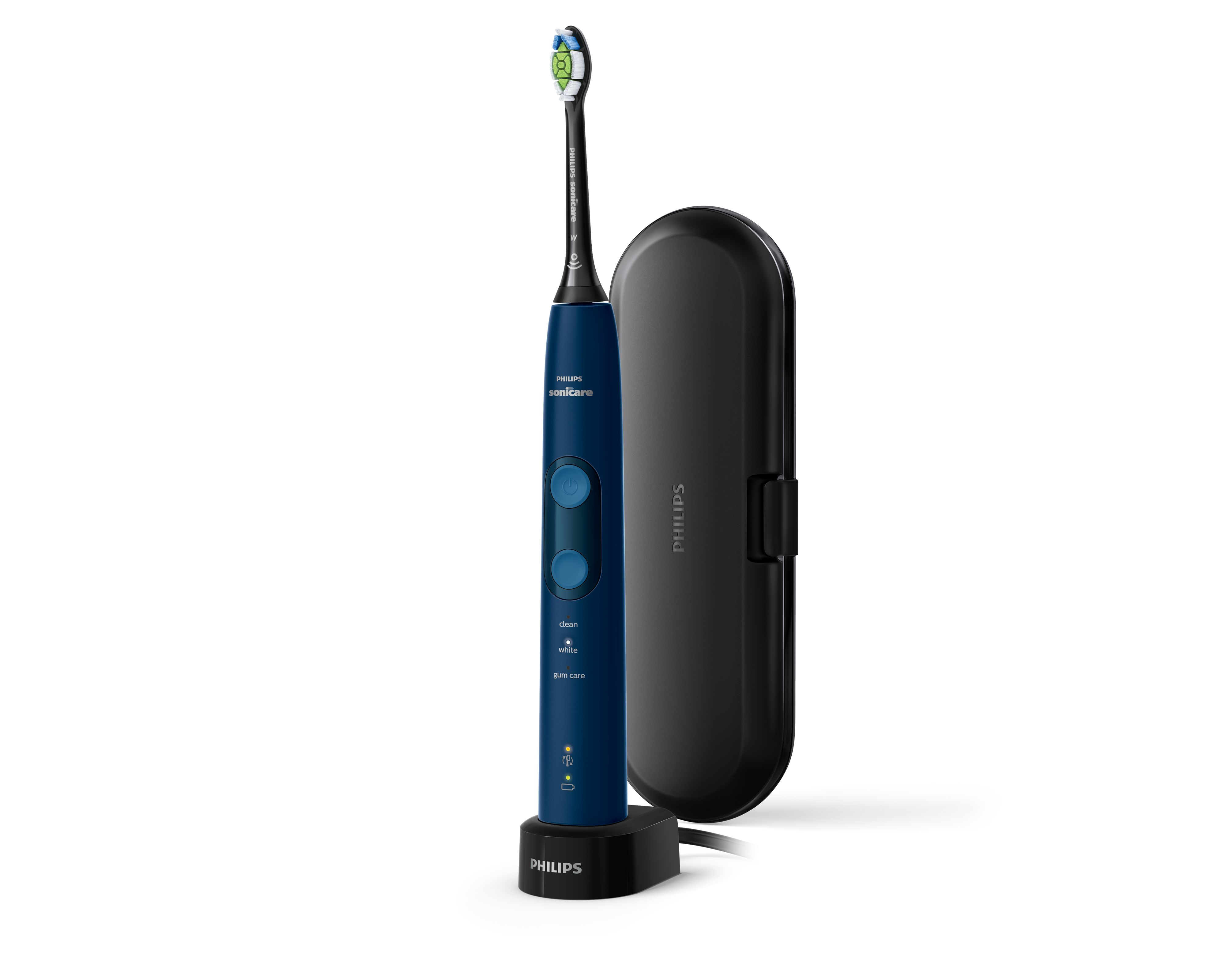 Spazzolino elettrico Philips Sonicare, corpo blu, base di ricarica e custodia da viaggio neri. Sfondo bianco.