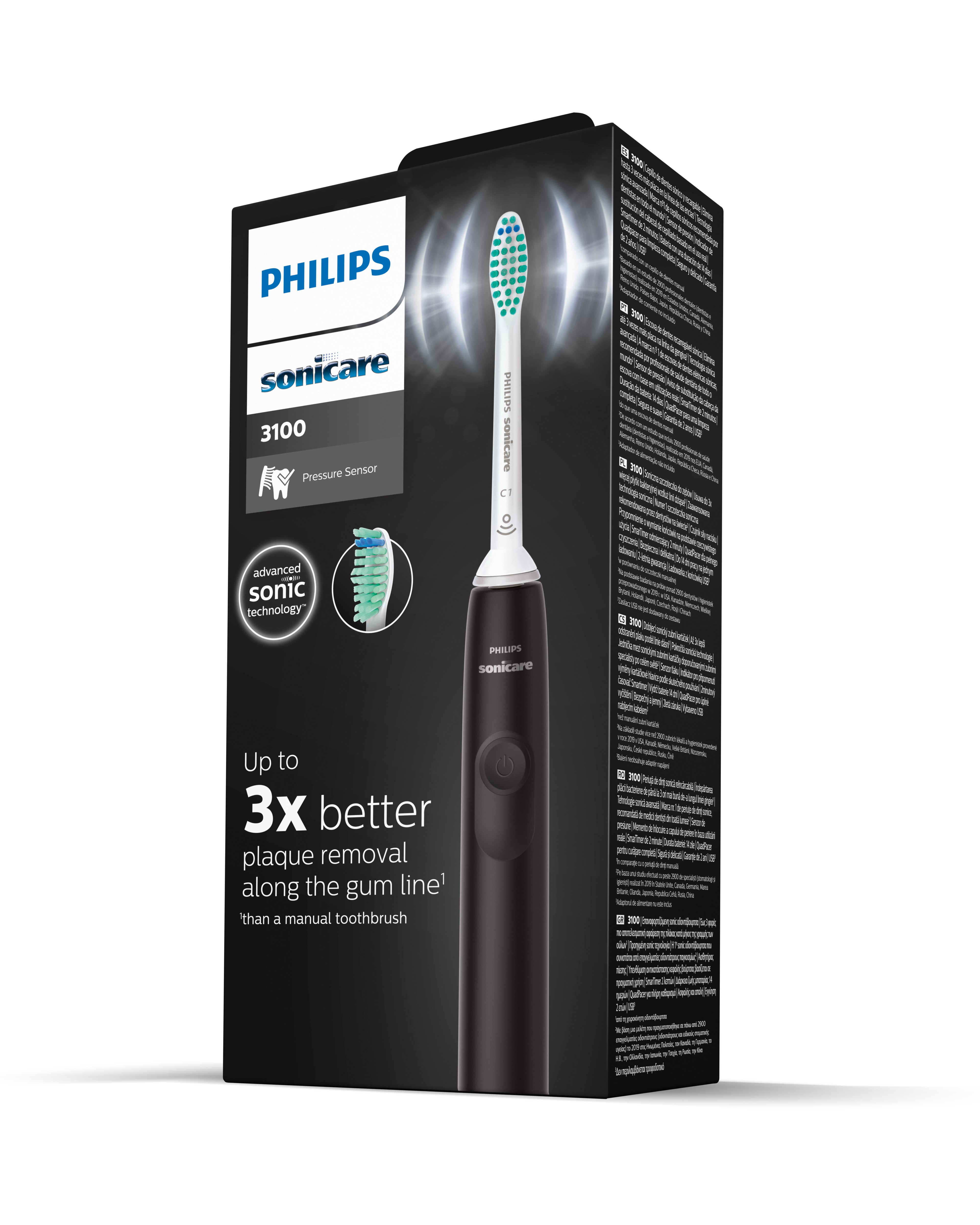 Czarna szczoteczka Philips Sonicare z pudełkiem, tekst: '3x lepsze usuwanie płytki nazębnej'.