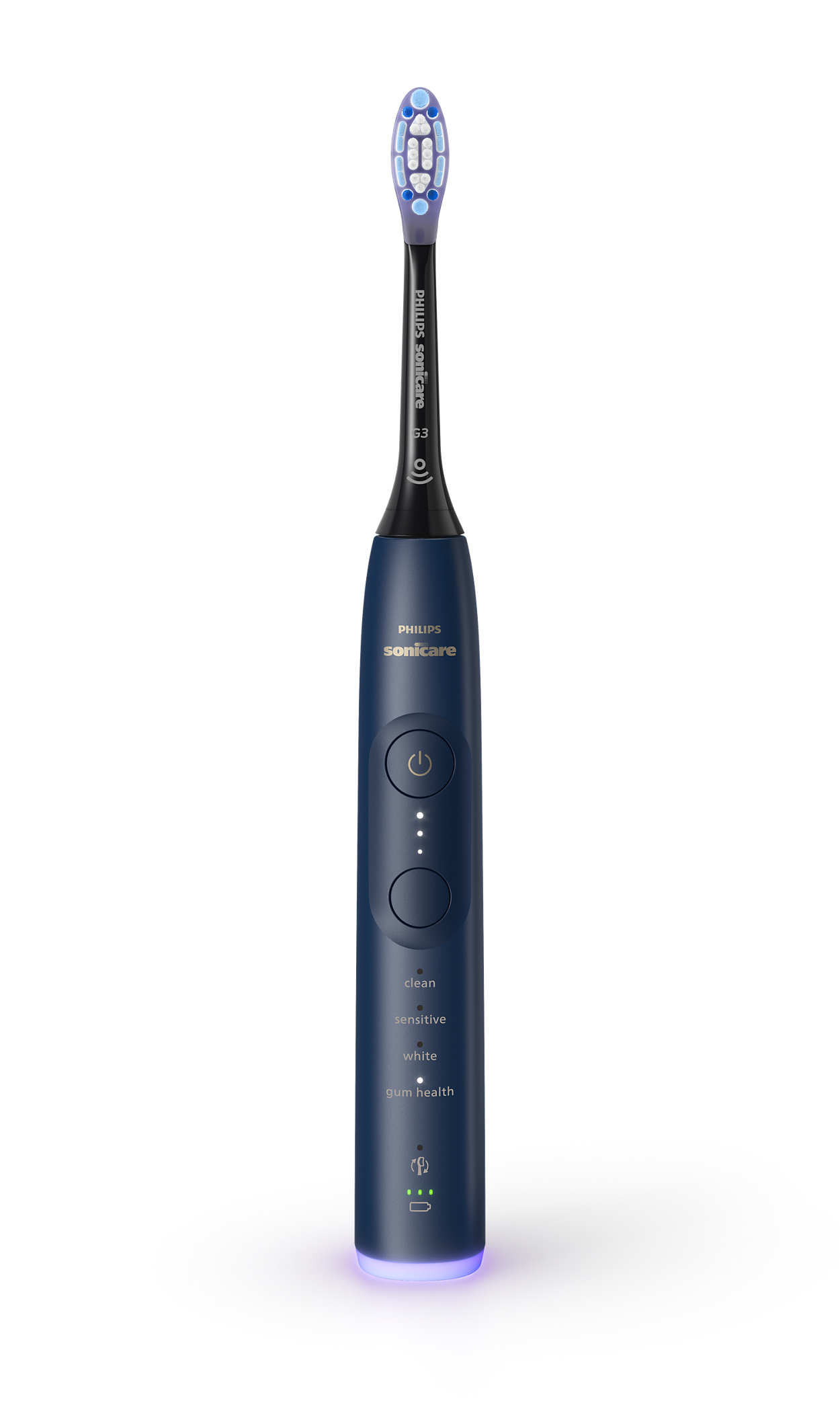 Blaue Philips Sonicare elektrische Zahnbürste. Weißer Hintergrund.