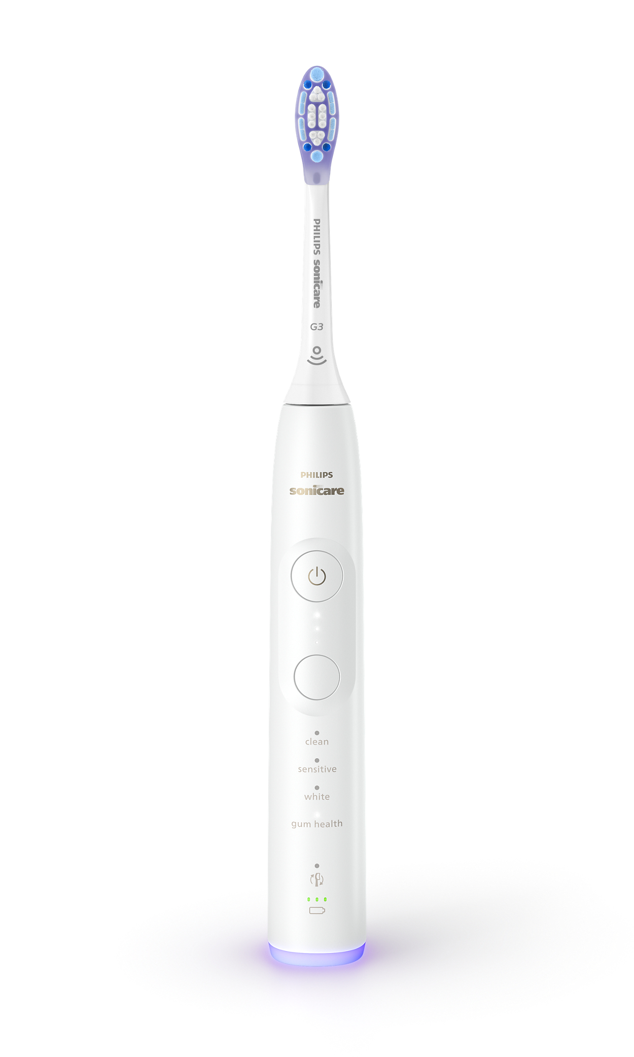 Weiße Philips Sonicare elektrische Zahnbürste mit Knöpfen und Kontrollleuchten. Blauer Bürstenkopf.