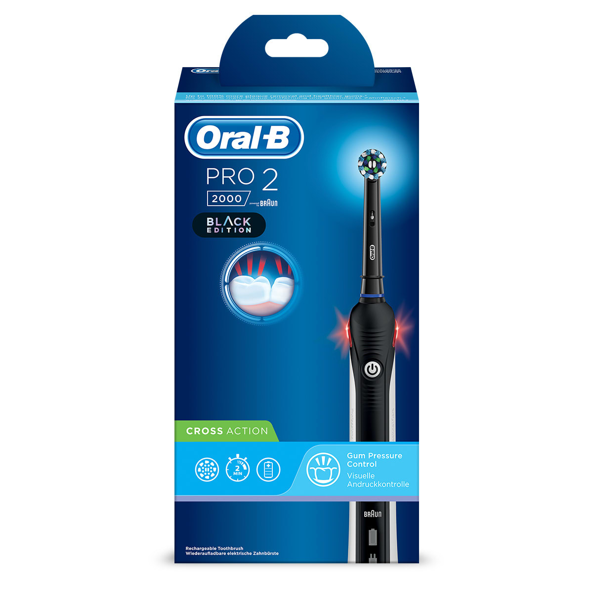 Cepillo de dientes eléctrico Oral-B Pro 2 negro en caja. Blanco y negro con indicador rojo.