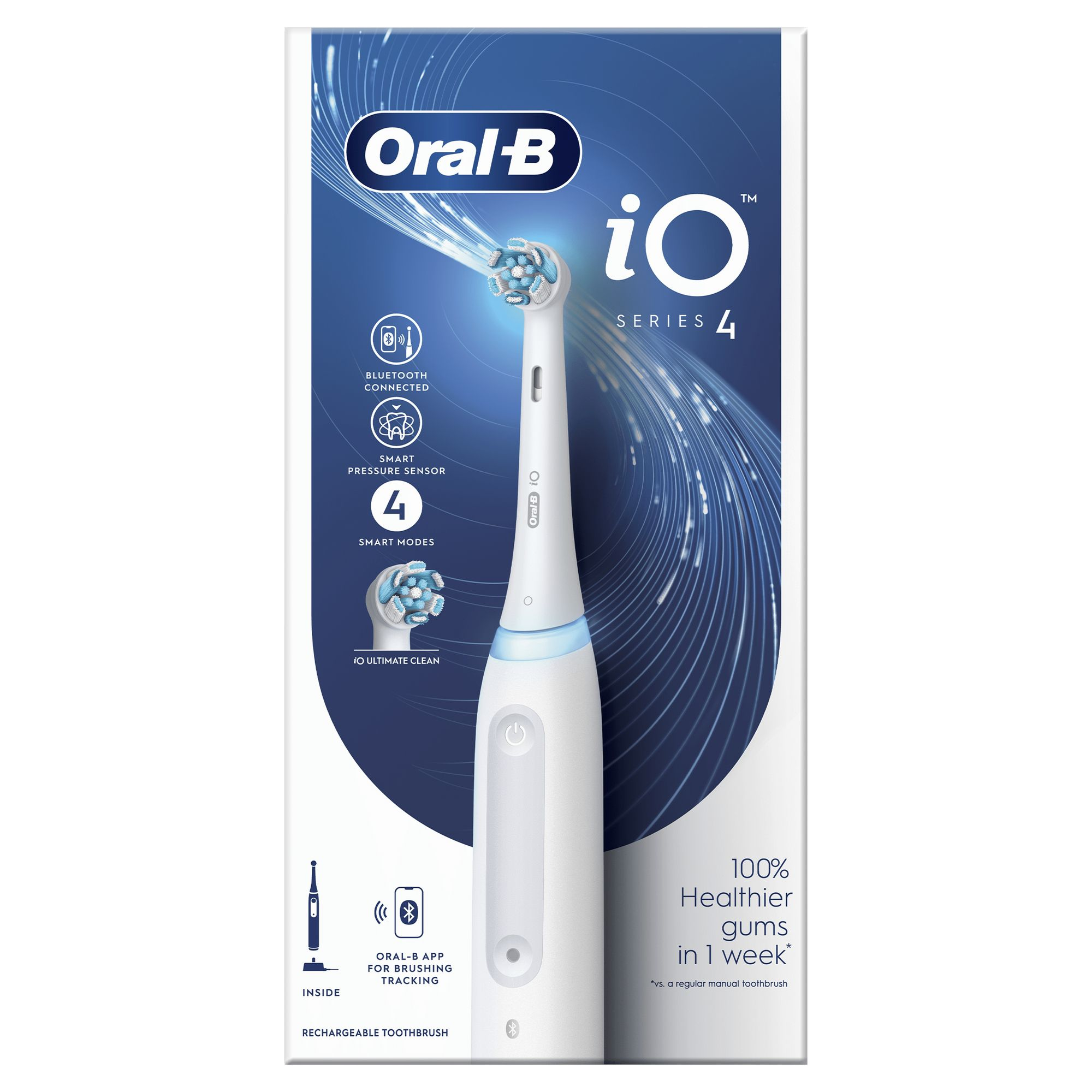 Uno spazzolino elettrico con manico bianco e setole blu, presentato nella sua confezione.
