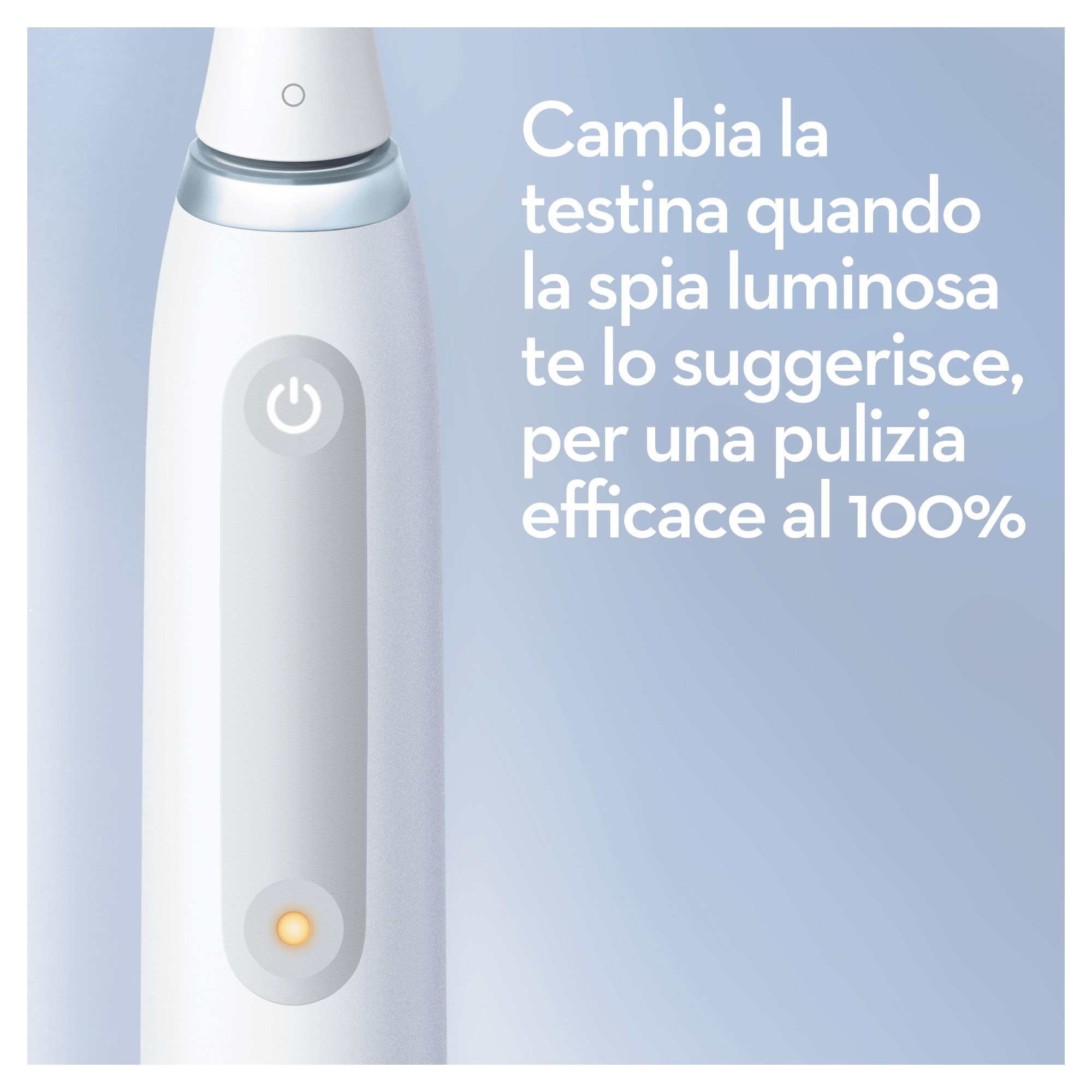 Spazzolino elettrico bianco con un pulsante e una luce. Testo in italiano.
