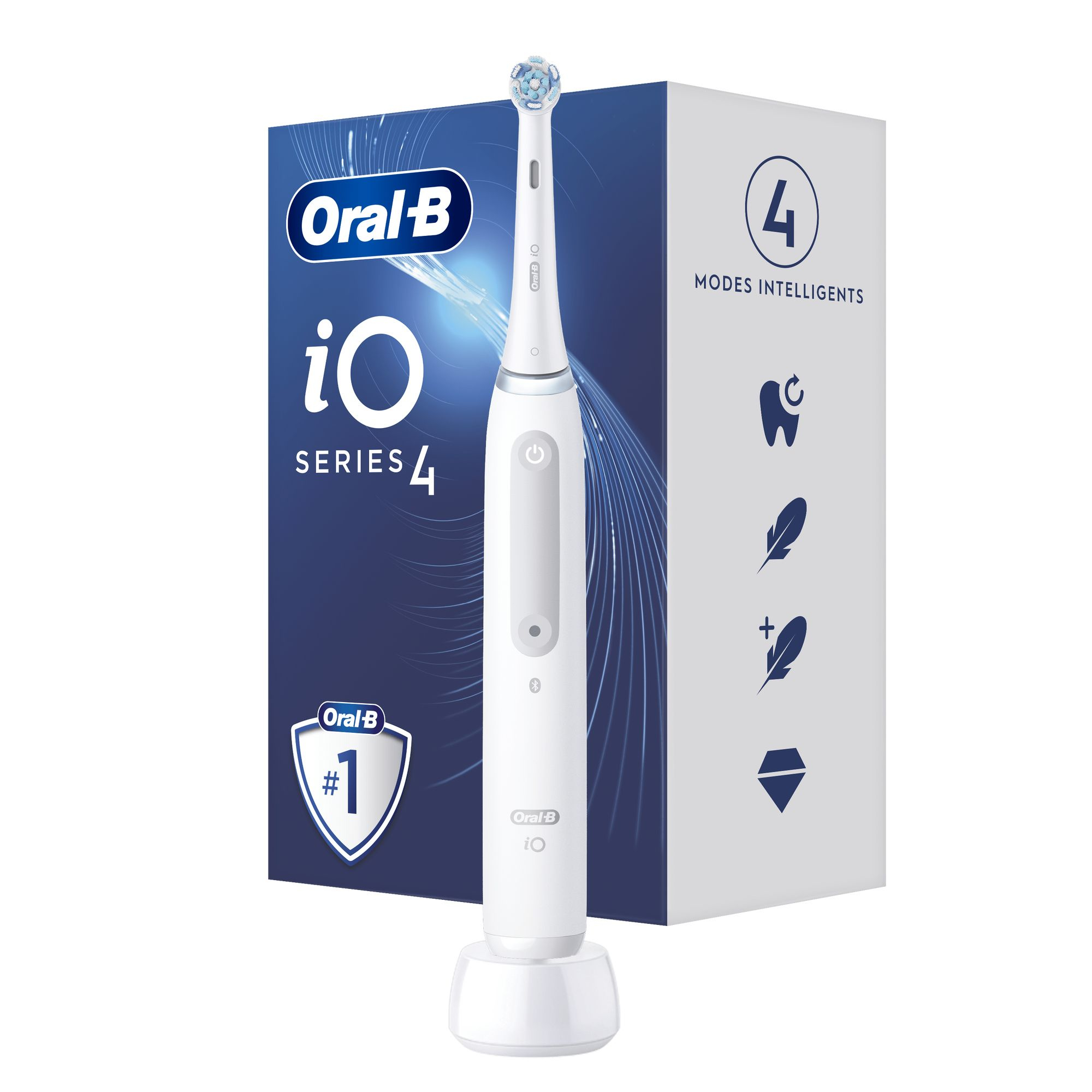 Spazzolino elettrico bianco Oral-B iO Series 4 con base di ricarica e confezione del prodotto.
