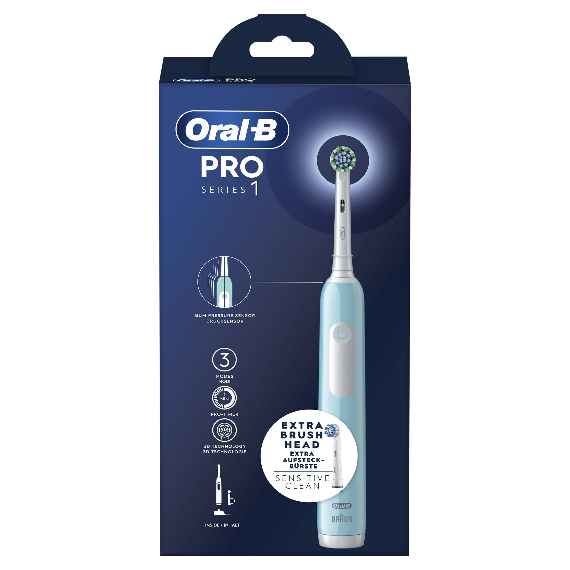 Oral-B Pro Series 1 elektrische Zahnbürstenbox mit einer blauen Zahnbürste.