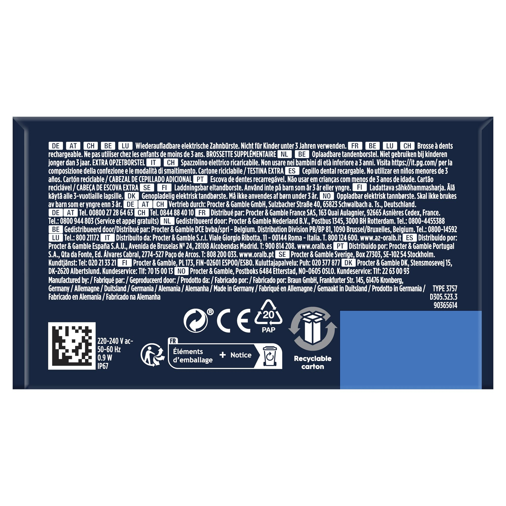 Eine Schachtel mit mehrsprachigem Text über eine elektrische Zahnbürste, einschließlich Recycling-Symbole.