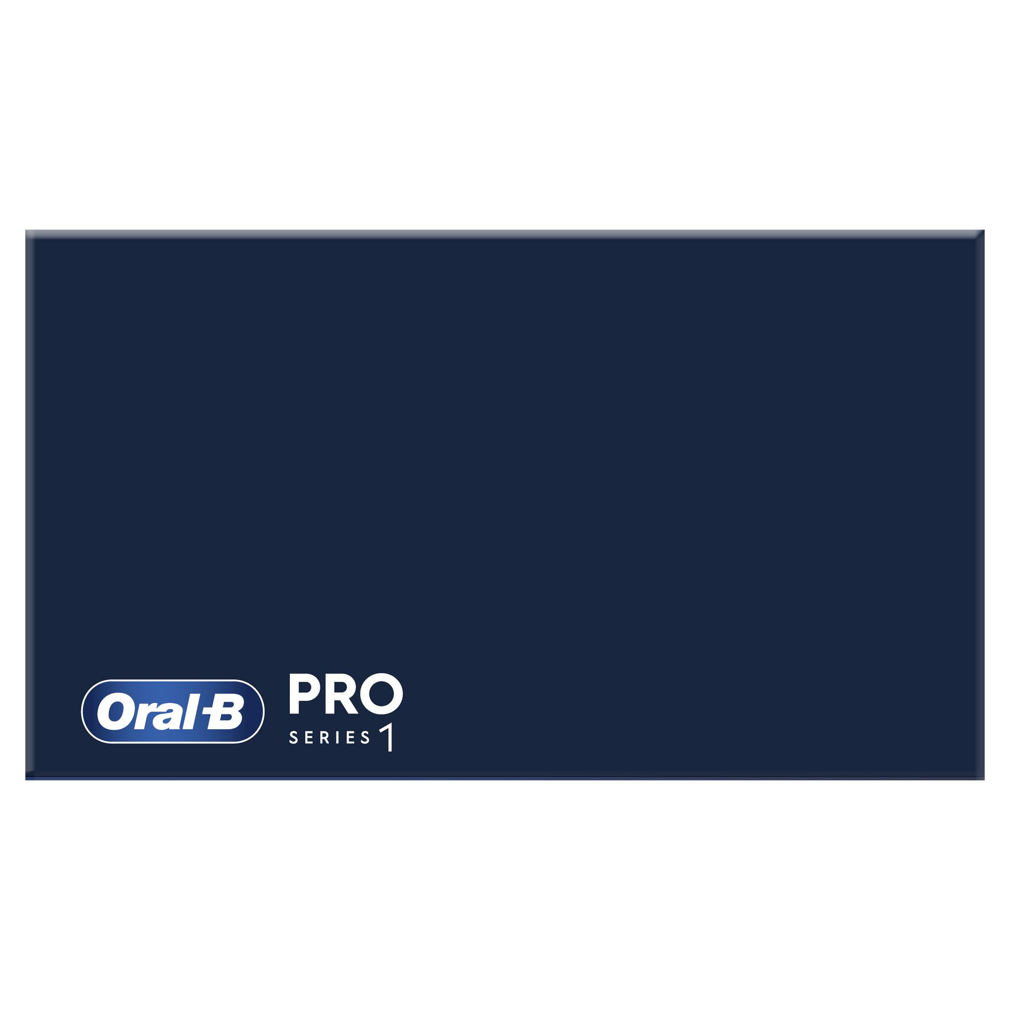 Eine marineblaue Schachtel mit weißen Logos von Oral-B und Pro Series 1. Einfaches Design.