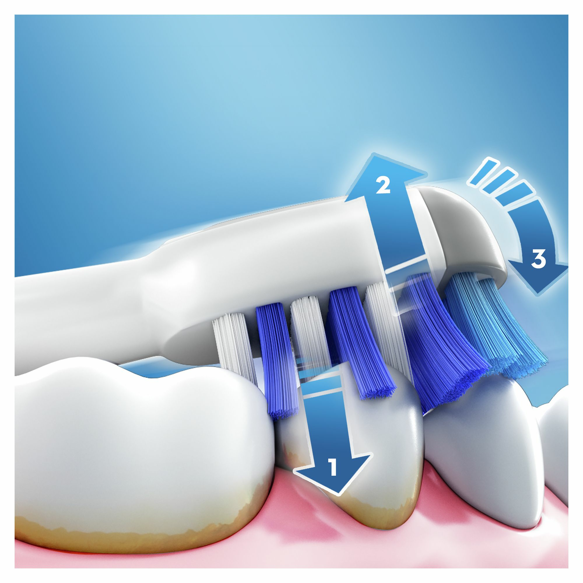 Zbliżenie główki szczoteczki do zębów z niebieskim i białym włosiem czyszczącym zęby.