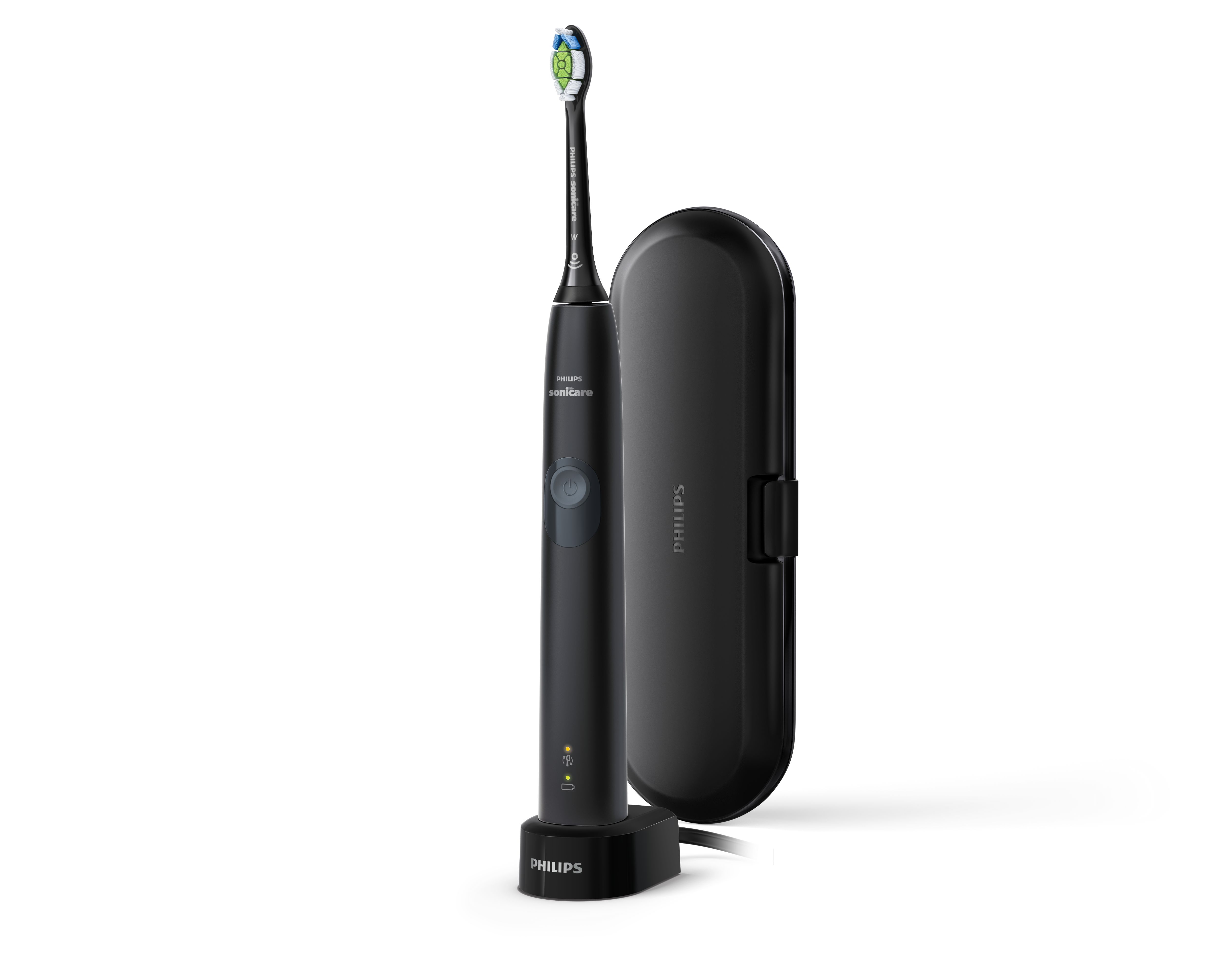 Spazzolino elettrico Philips Sonicare nero, base di ricarica e custodia. Sfondo bianco, pulito ed elegante.