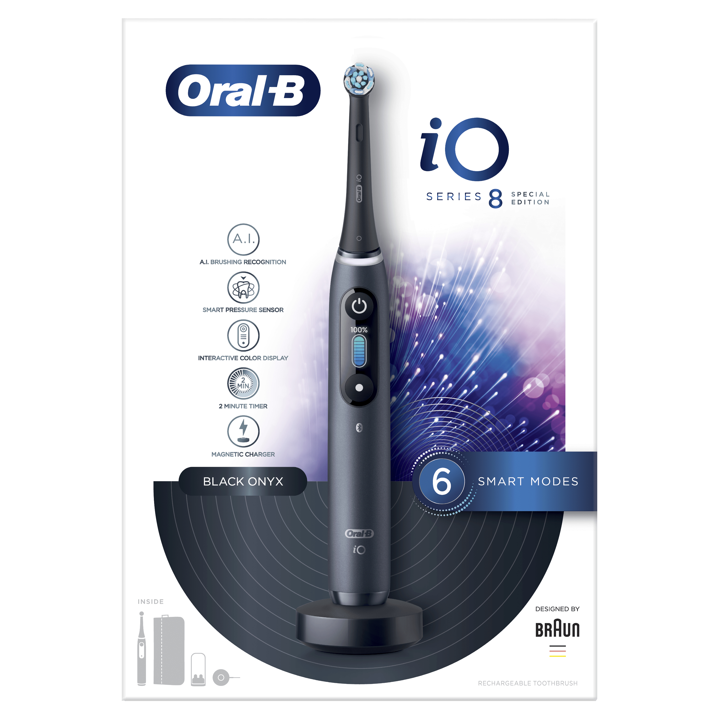 Spazzolino elettrico nero su supporto, con scatola che mostra le caratteristiche. Testo: 'Black Onyx' e '6 Smart Modes'.