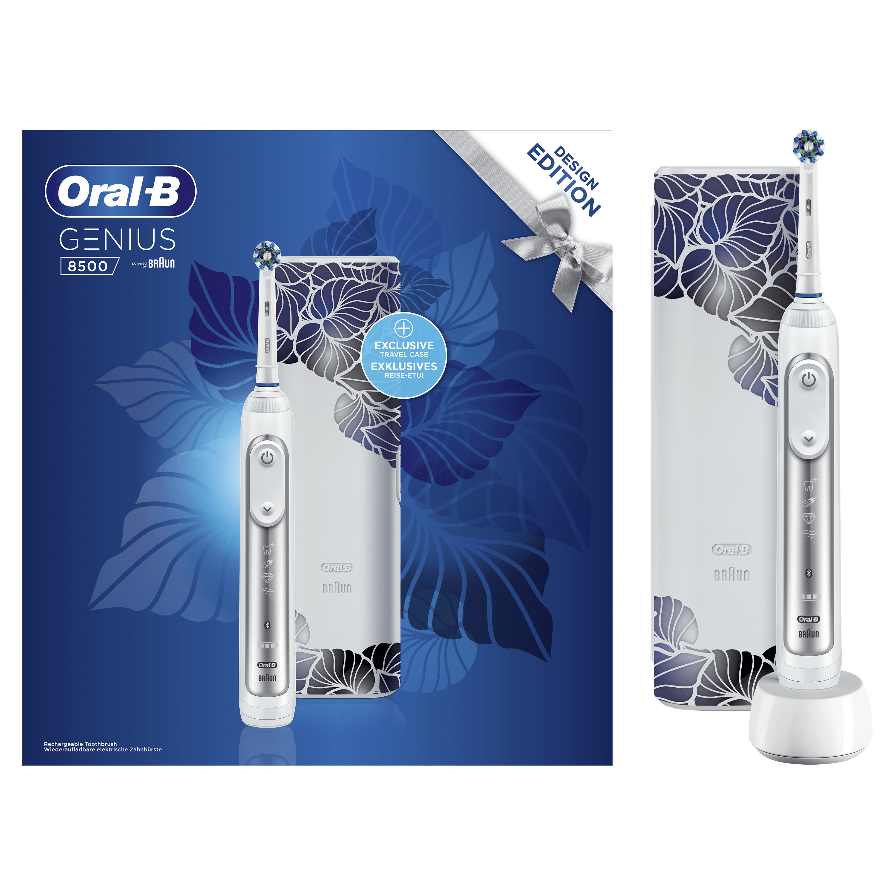 Szczoteczka elektryczna Oral-B Genius 8500, biała, z etui i akcesoriami.