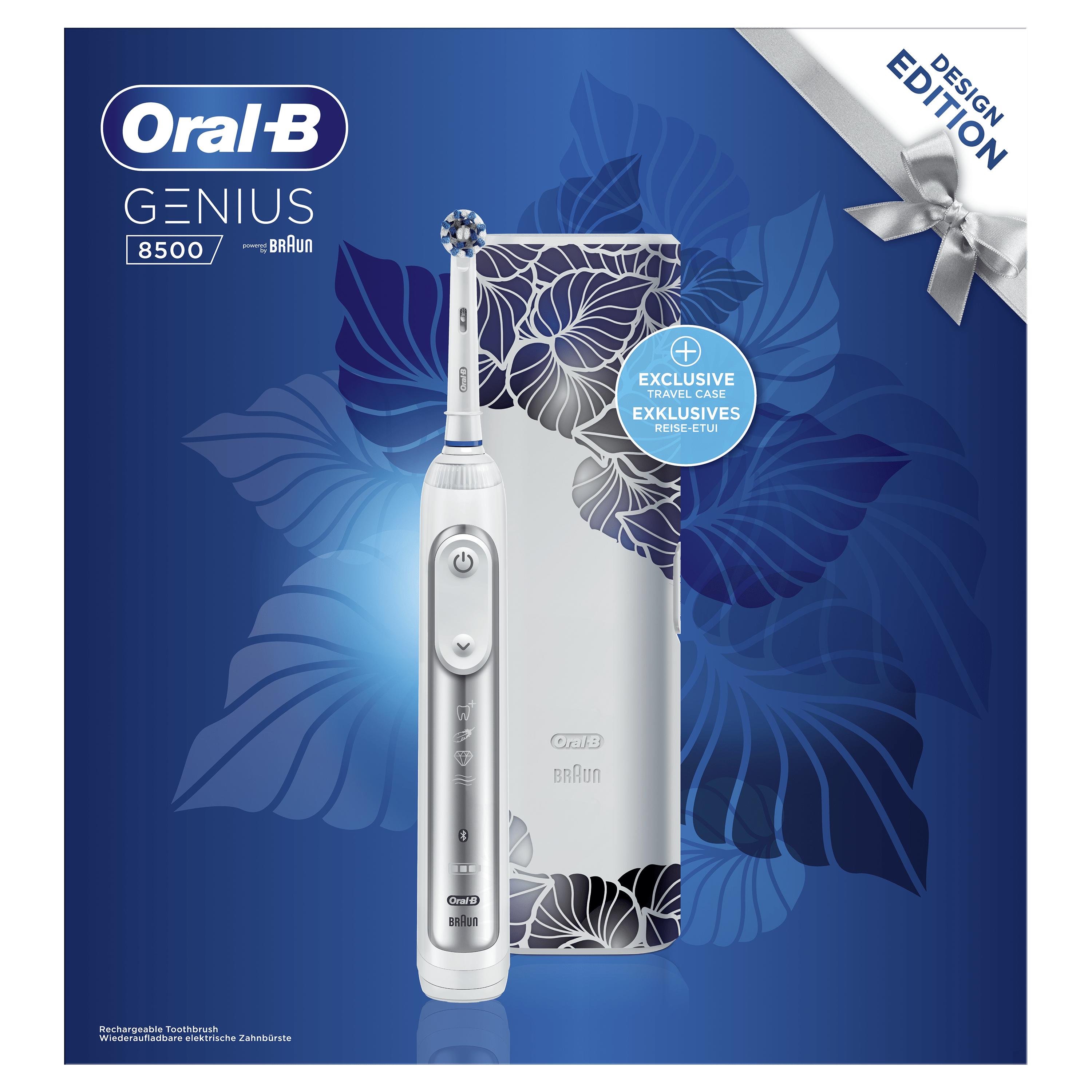 Biała elektryczna szczoteczka do zębów Oral-B z etui podróżnym. Ma główkę szczoteczki.