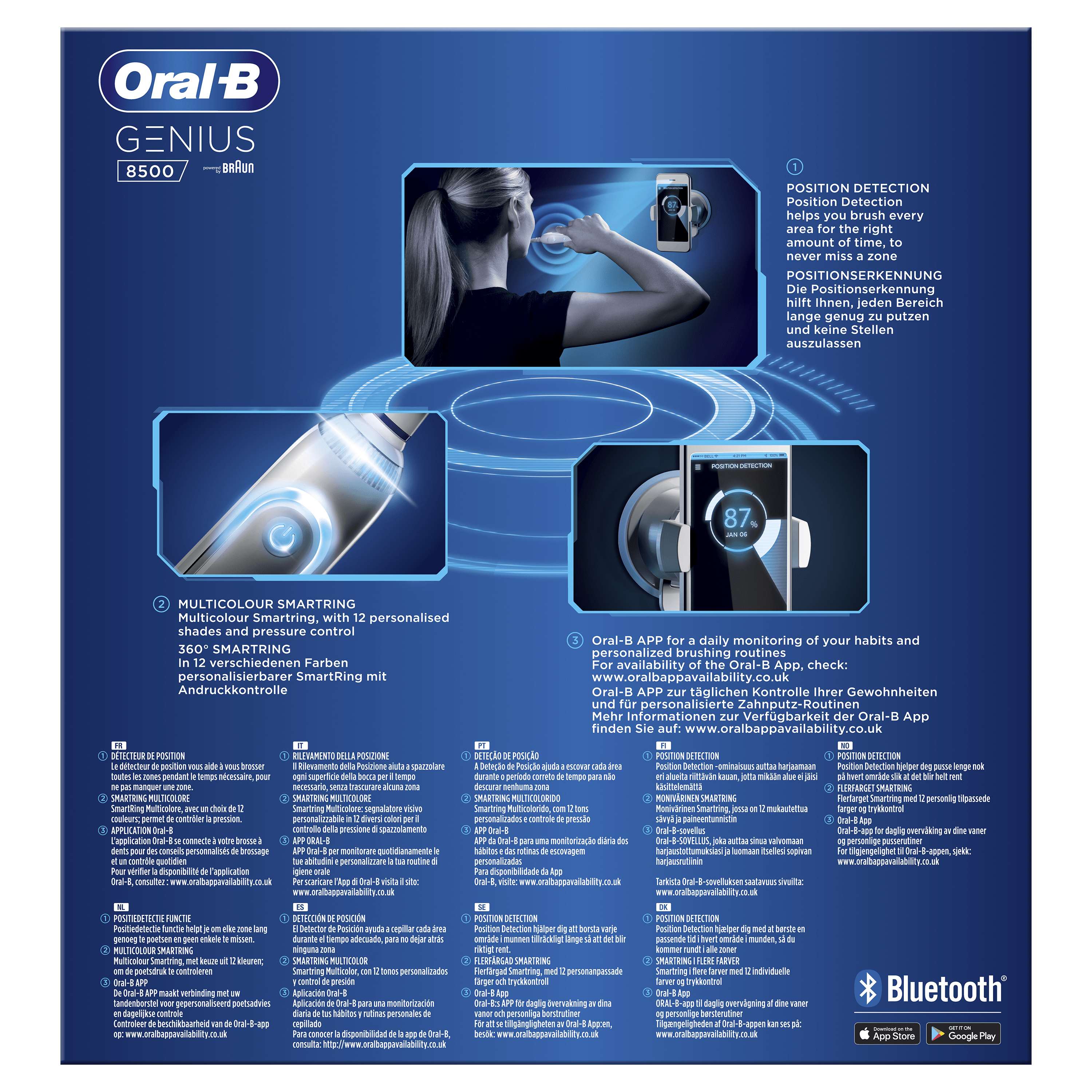 Informacje o szczoteczce Oral-B pokazujące szczegóły użytkowania i funkcje w wielu językach.