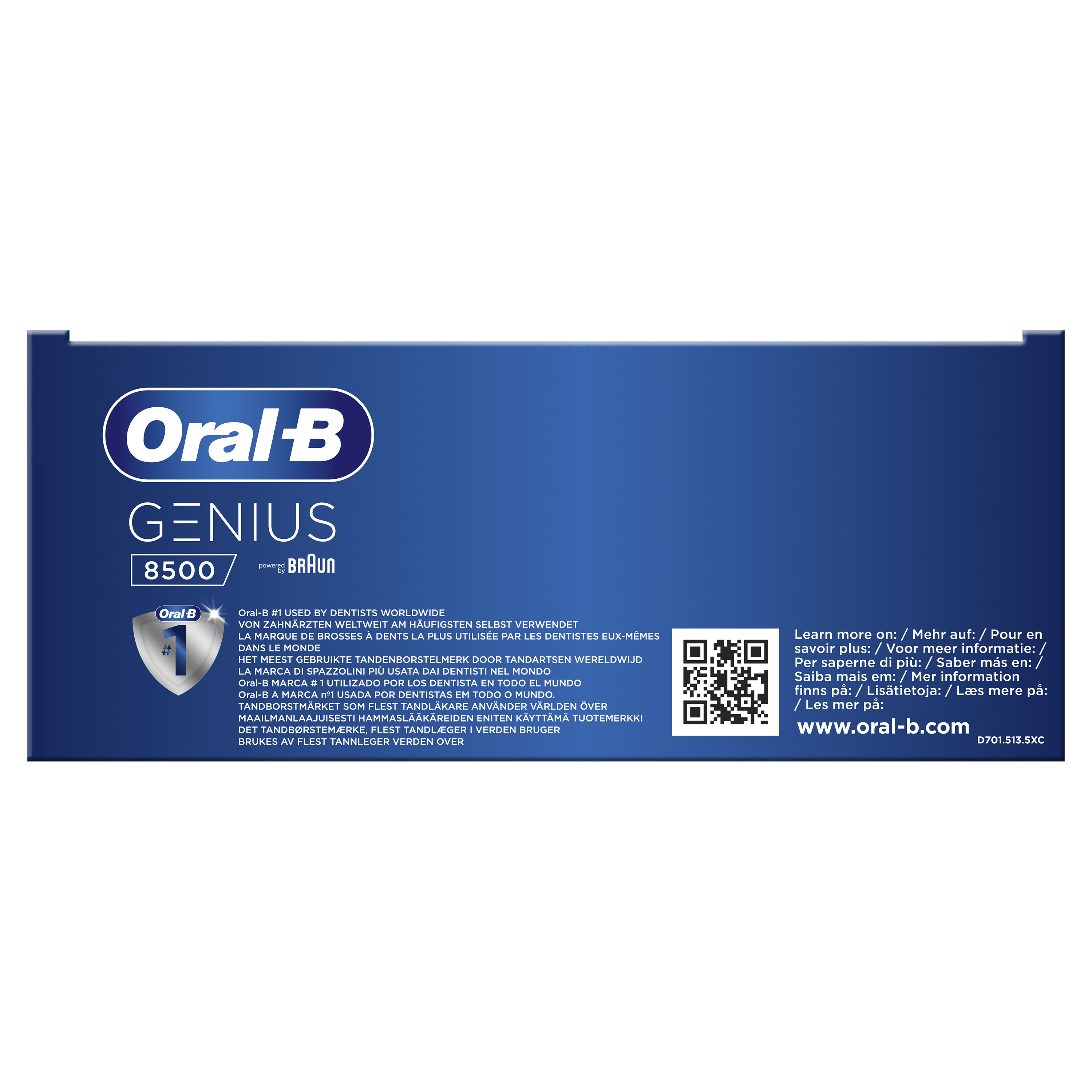 Pudełko Oral-B Genius 8500. Tekst w wielu językach. Kod QR i szczegóły produktu.