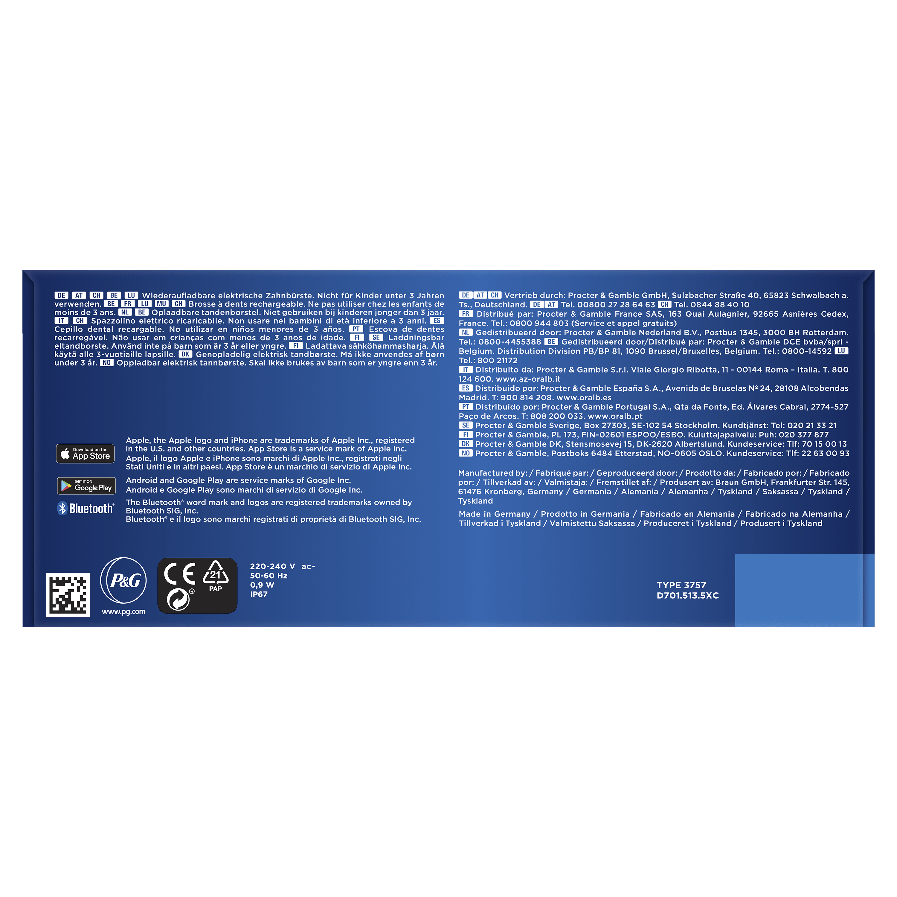 Karta informacyjna produktu z tekstem w wielu językach i znakami towarowymi.