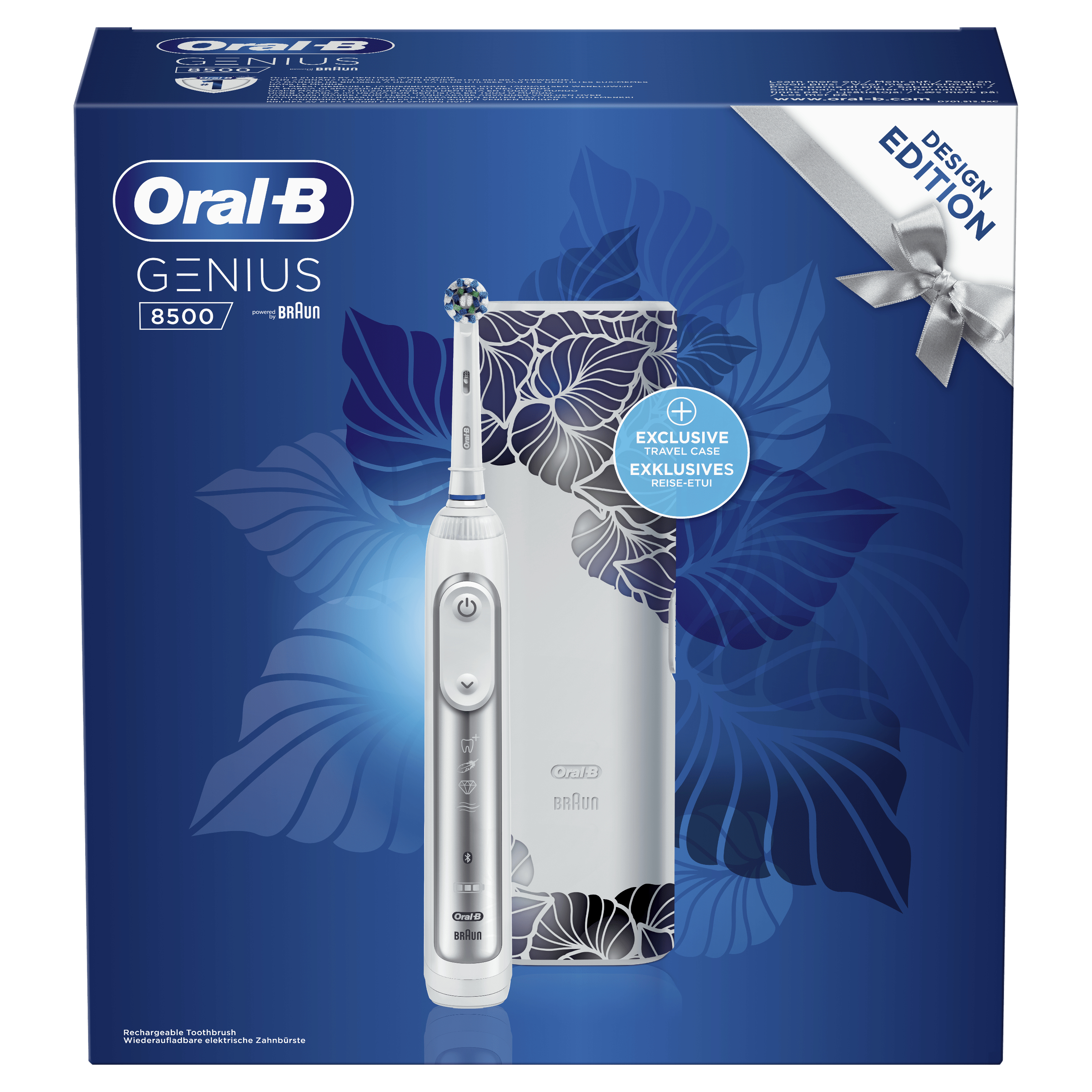 Zestaw elektrycznej szczoteczki do zębów w pudełku z etui podróżnym.