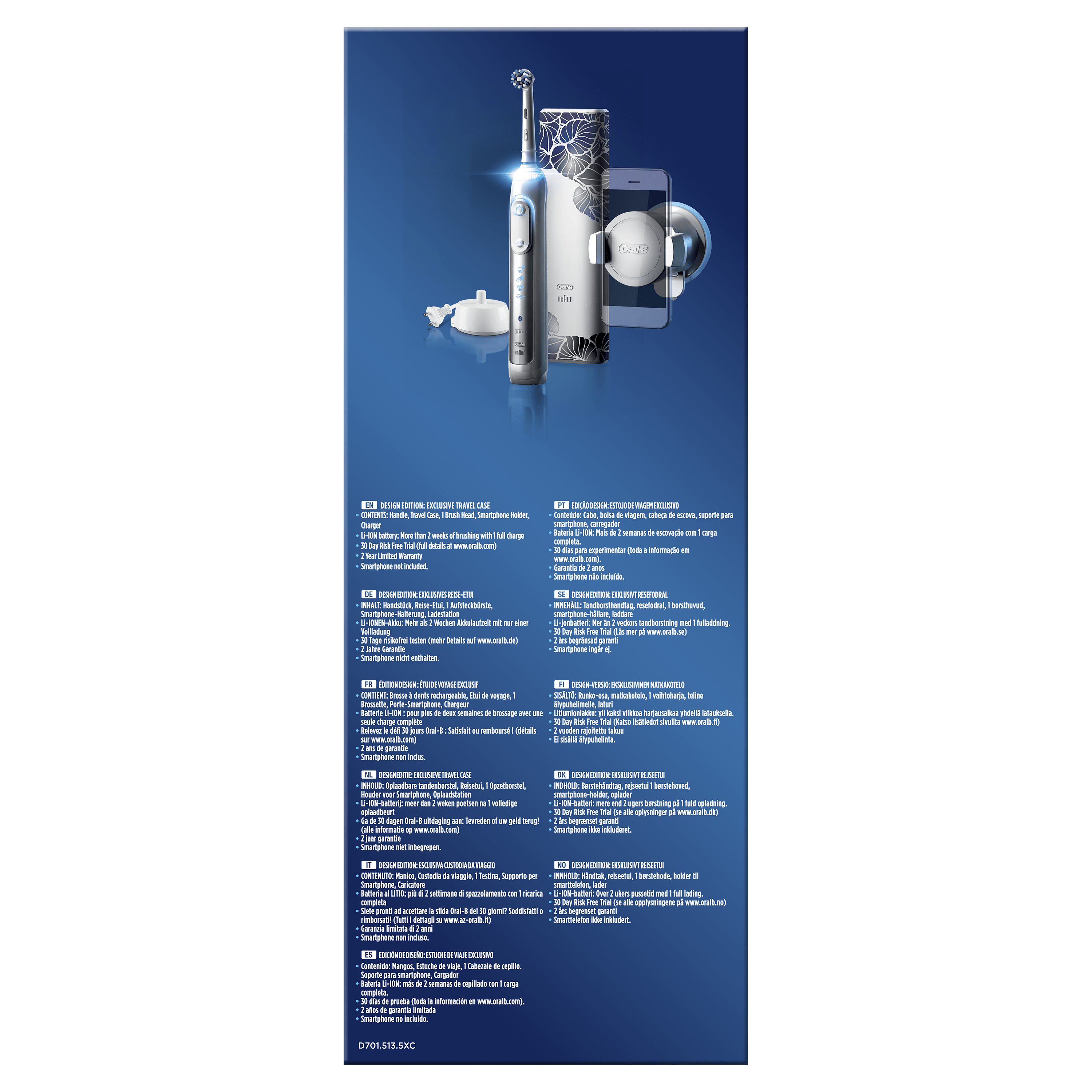 Zbliżenie szczoteczki do zębów i smartfona. Tekst i diagram w różnych językach.