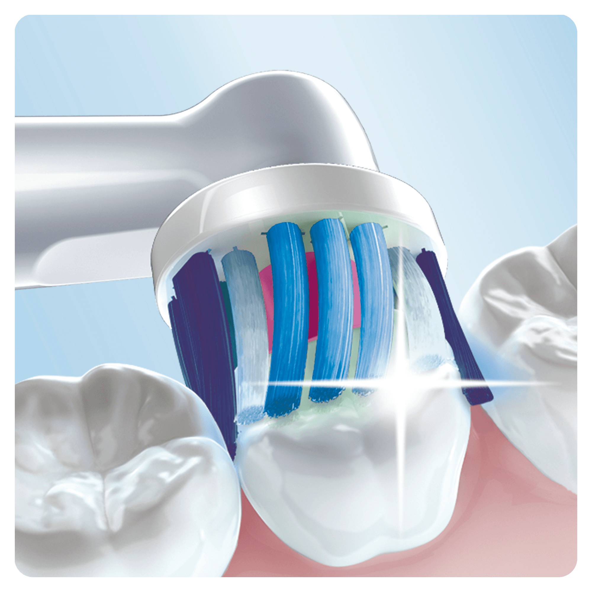Primo piano di una testina di spazzolino elettrico che pulisce i denti. Gengive rosa, denti bianchi e setole blu.