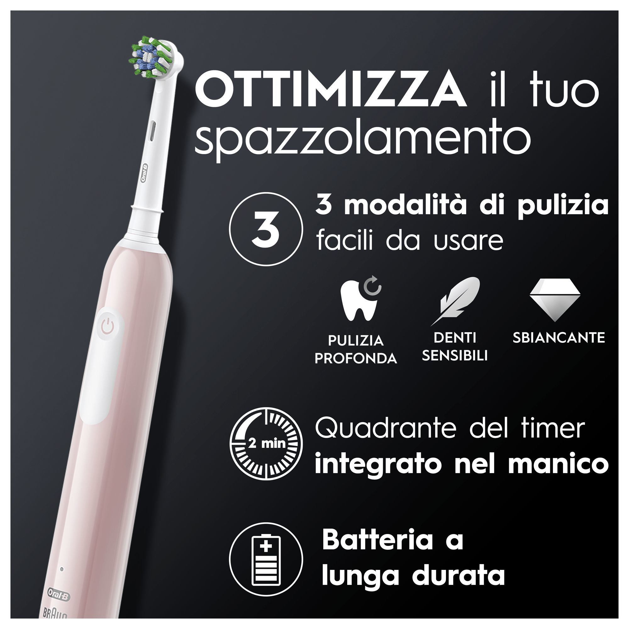 Różowa szczoteczka Oral-B. Tekst: 3 tryby czyszczenia, 2 min timer, długa żywotność baterii, głębokie czyszczenie.