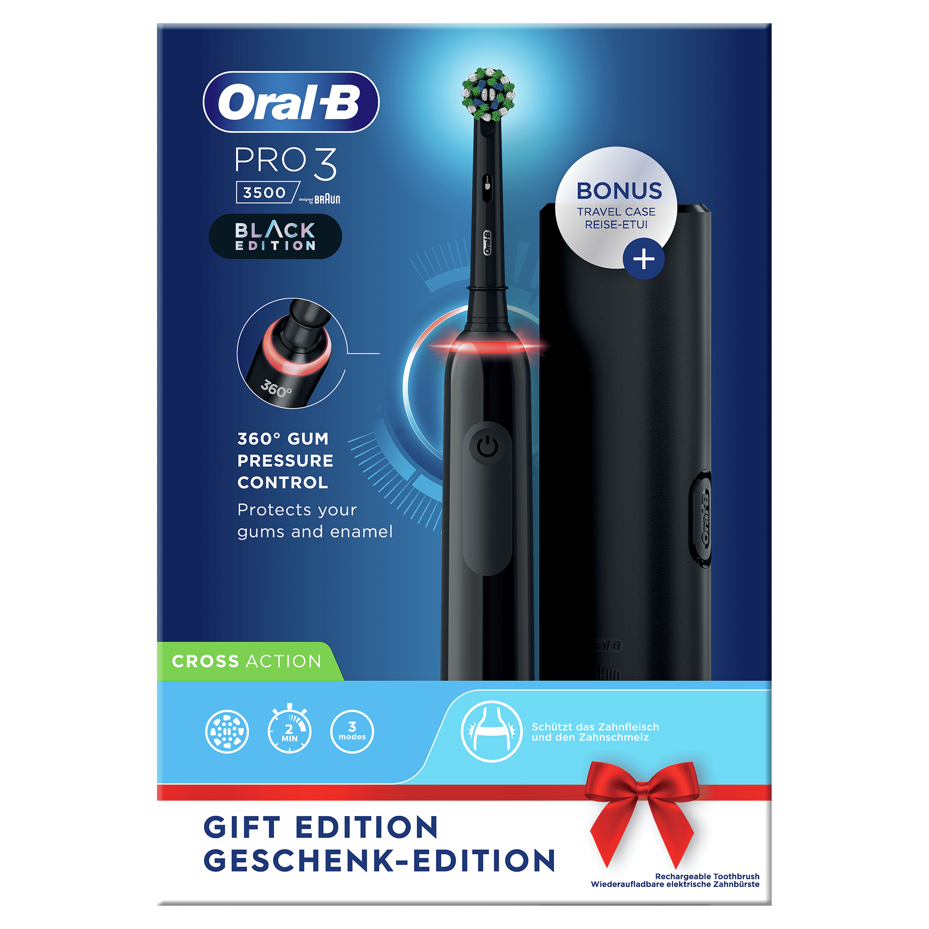 Schwarze elektrische Zahnbürste von Oral-B mit Reiseetui, zeigt den Markennamen und ein Geschenk-Edition-Etikett.