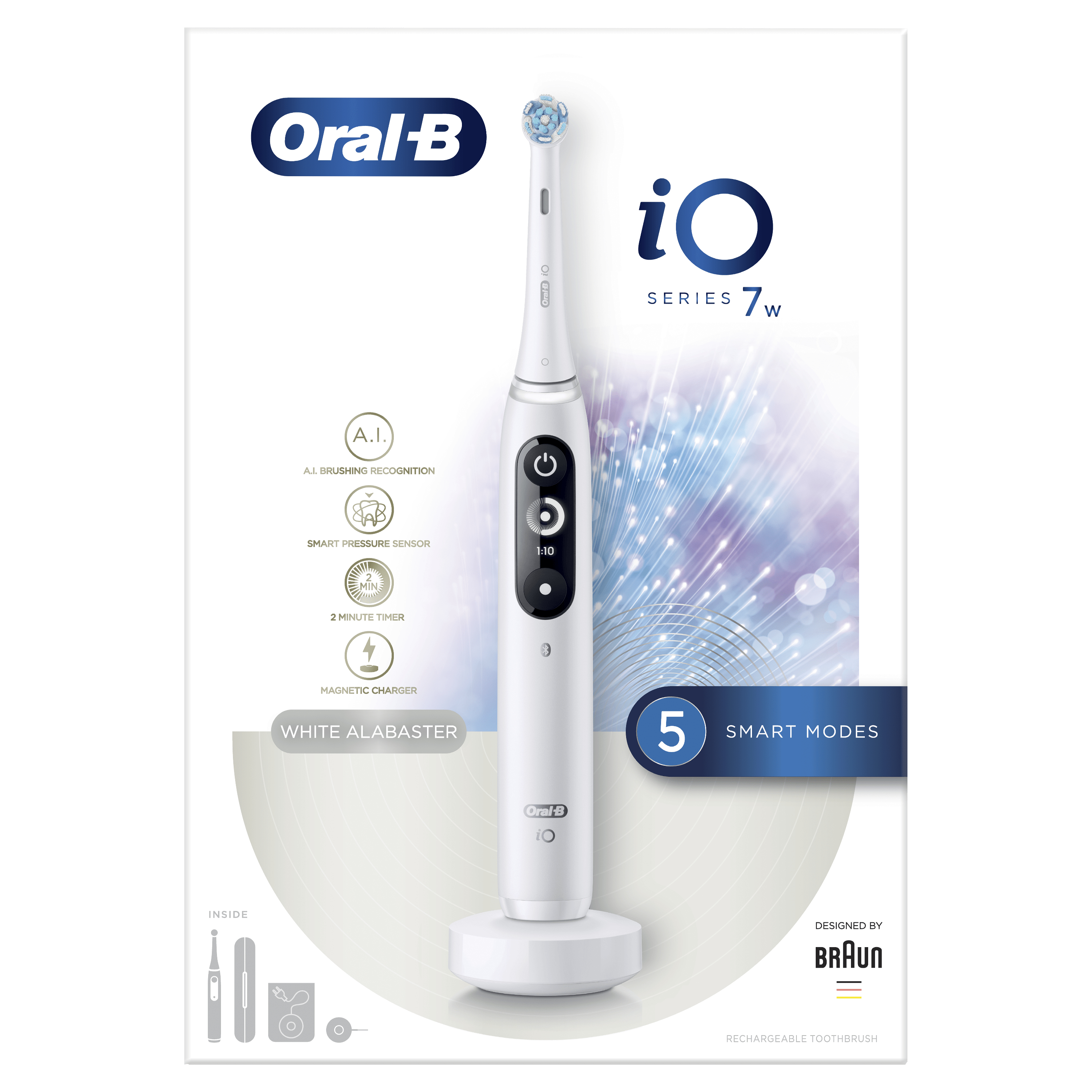 Spazzolino elettrico bianco con scatola, custodia e supporto, modalità smart indicate sulla scatola.
