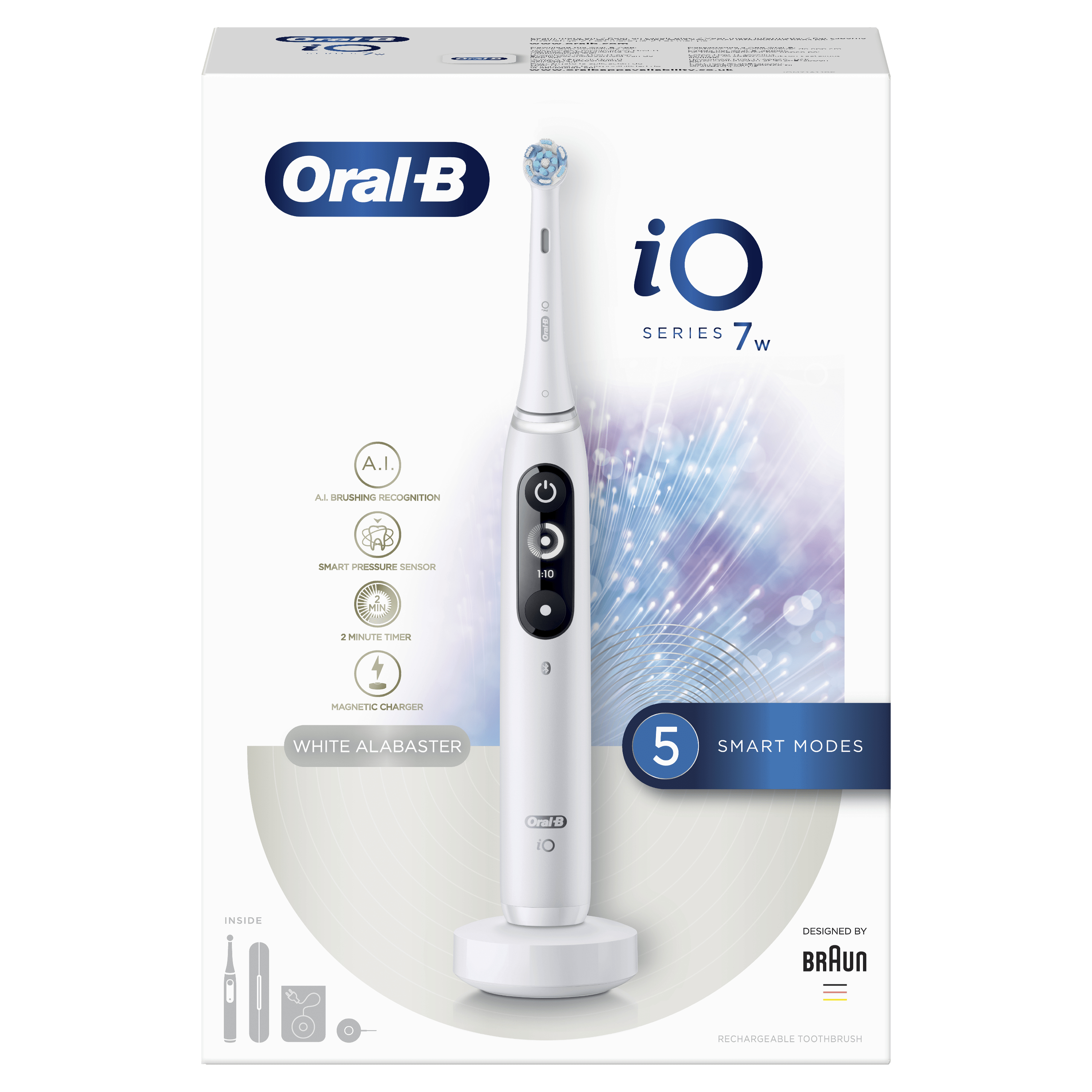 Spazzolino elettrico bianco Oral-B iO Series 7W con scatola e base di ricarica. Sfondo bianco.
