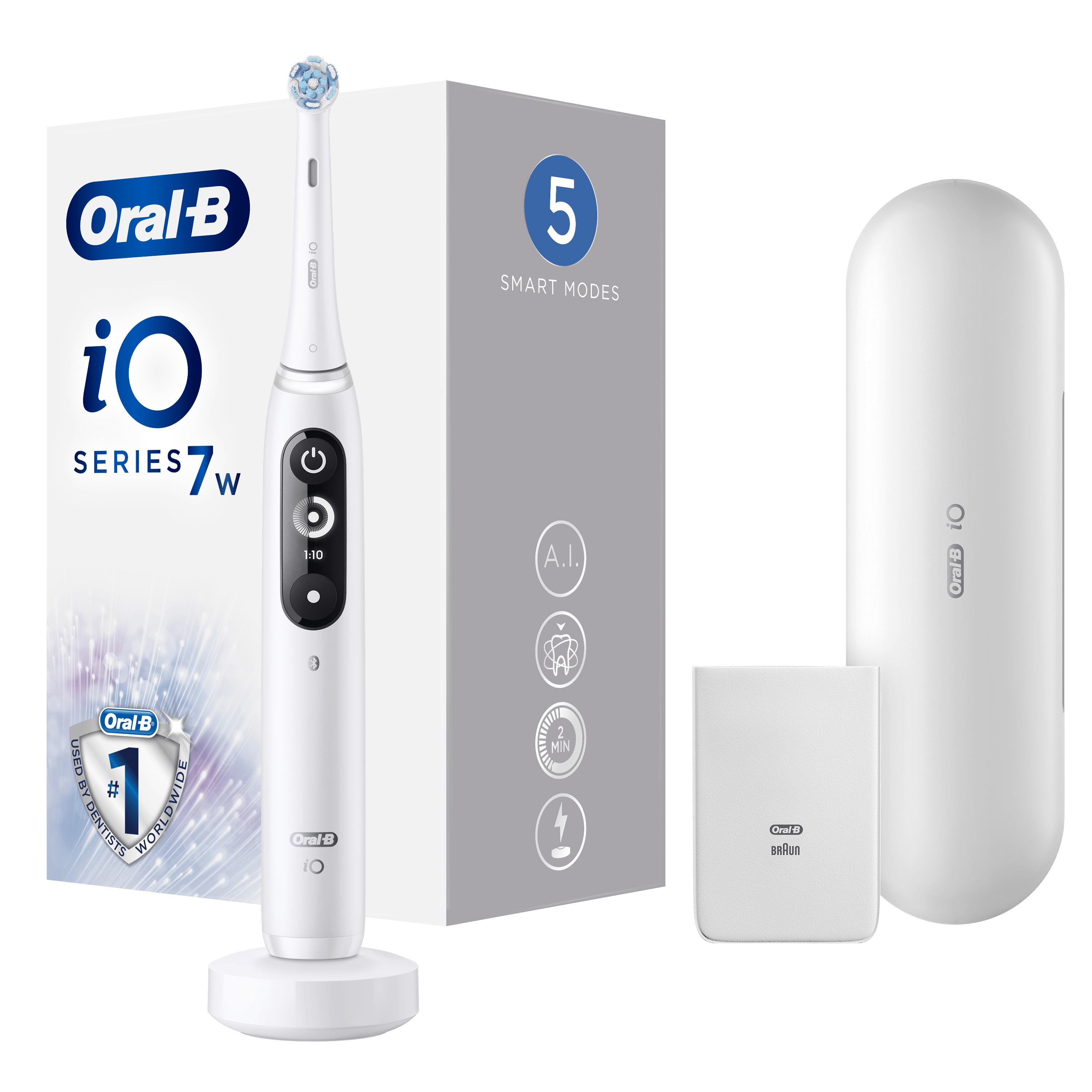 Spazzolino bianco Oral-B iO Serie 7W in scatola. Vengono mostrate funzioni e 5 modalità smart, con accessori.