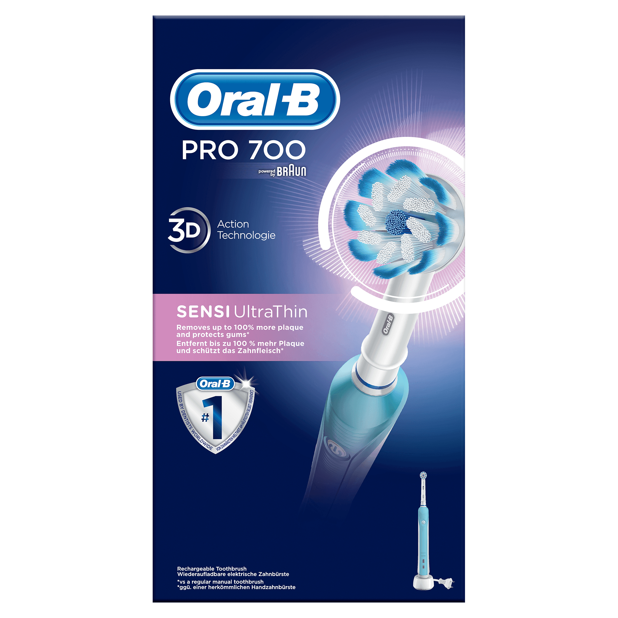 Cepillo de dientes eléctrico Oral-B PRO 700 con su caja. Diseño azul y blanco.