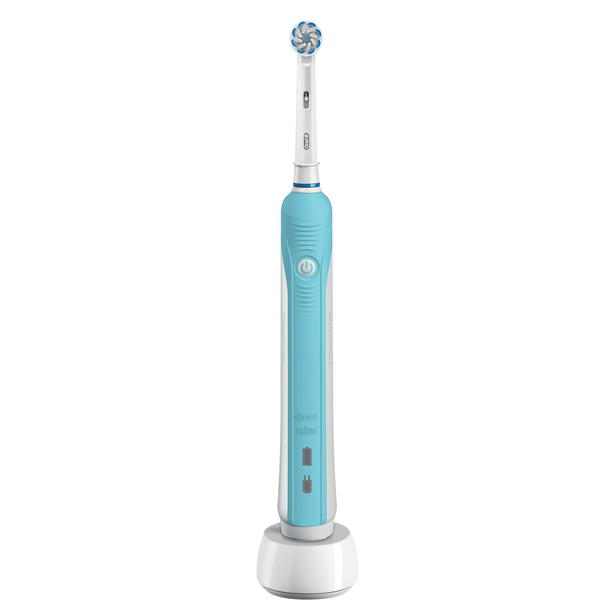 Cepillo de dientes eléctrico Oral-B en una base de carga blanca. Diseño azul claro y blanco. Fondo blanco.