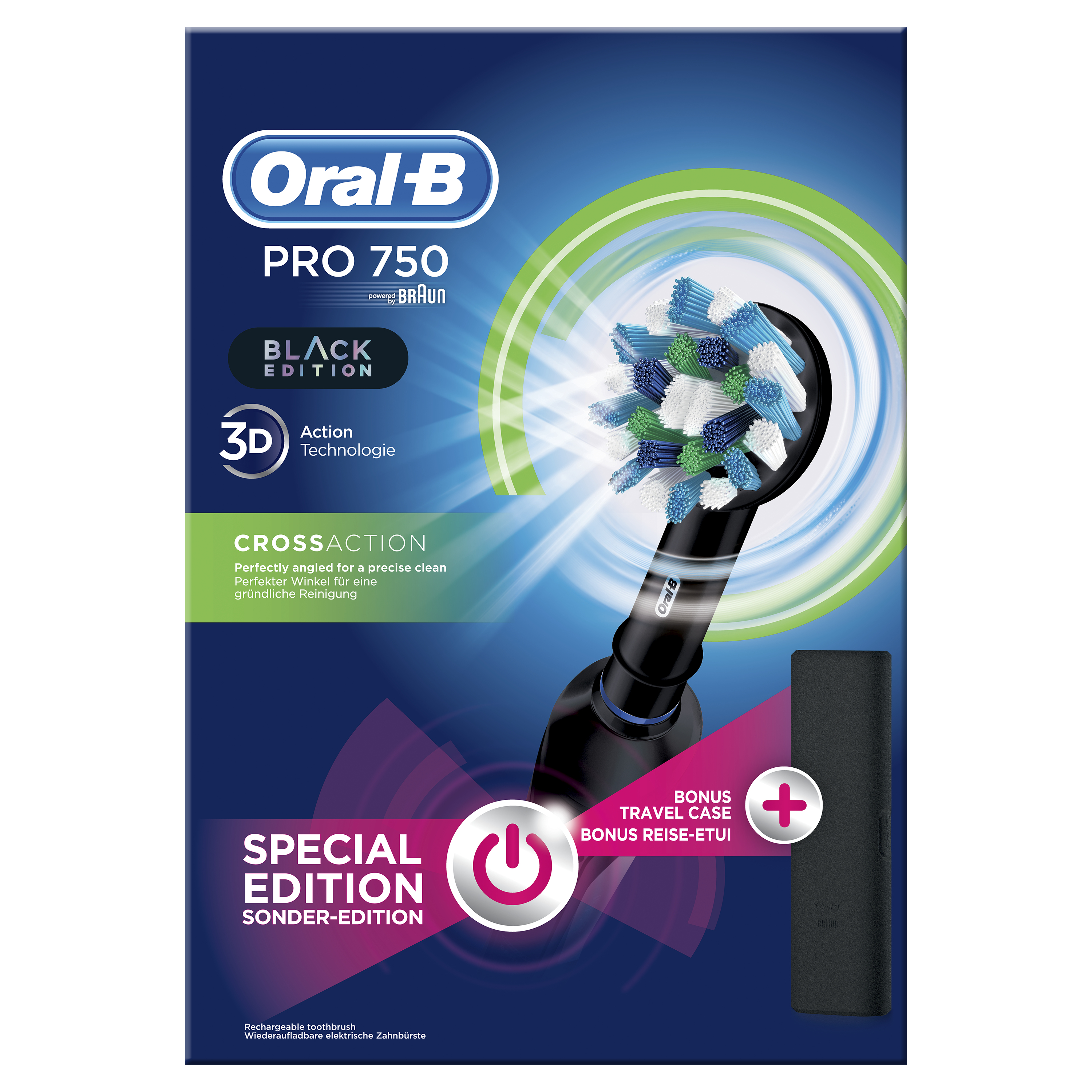 Oral-B Pro 750 Black Edition Box mit Bürstenkopf und Reiseetui. Dunkelblauer Hintergrund.