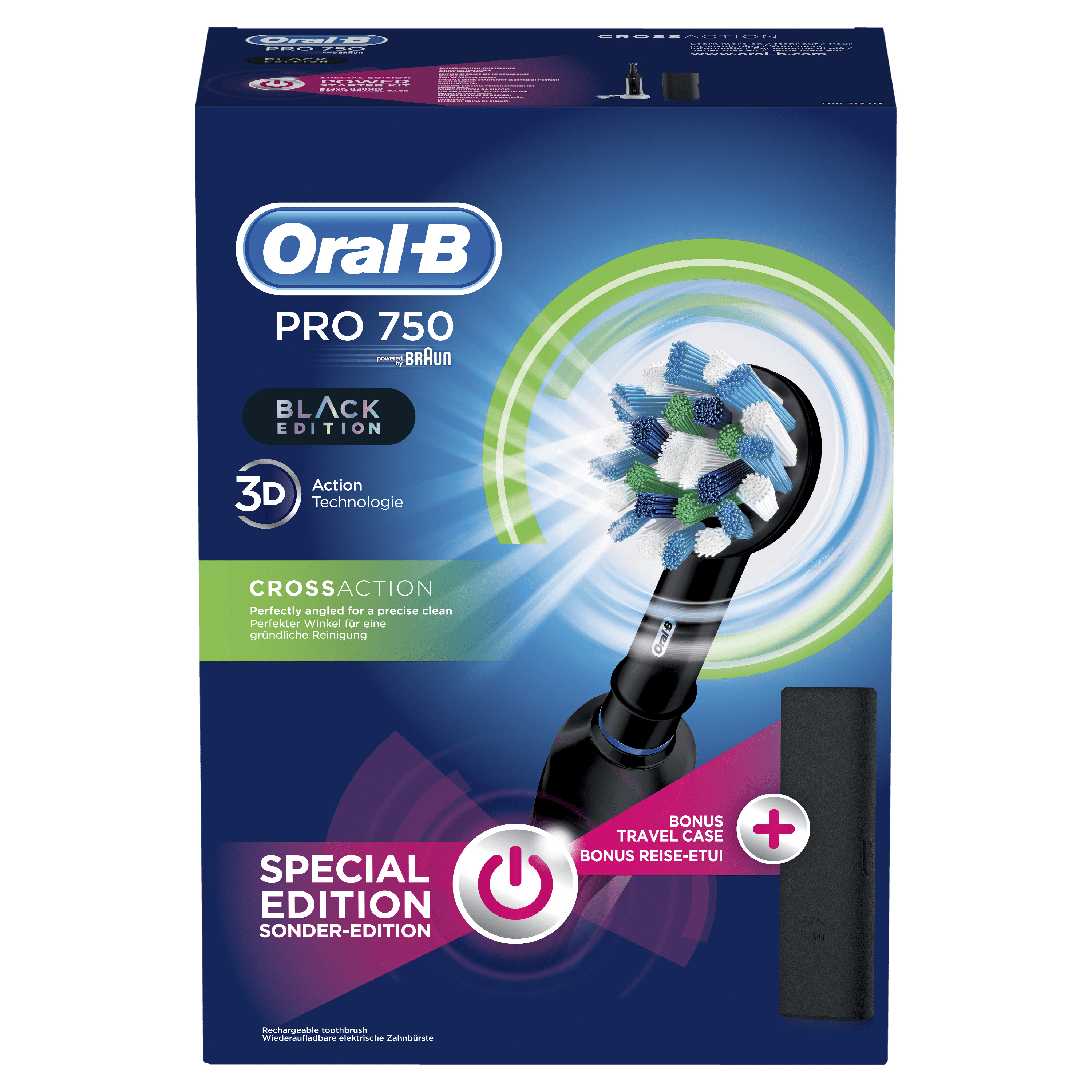 Oral-B Pro 750 Black Edition Zahnbürstenbox. Die Box zeigt eine schwarze Zahnbürste und ein Reiseetui.