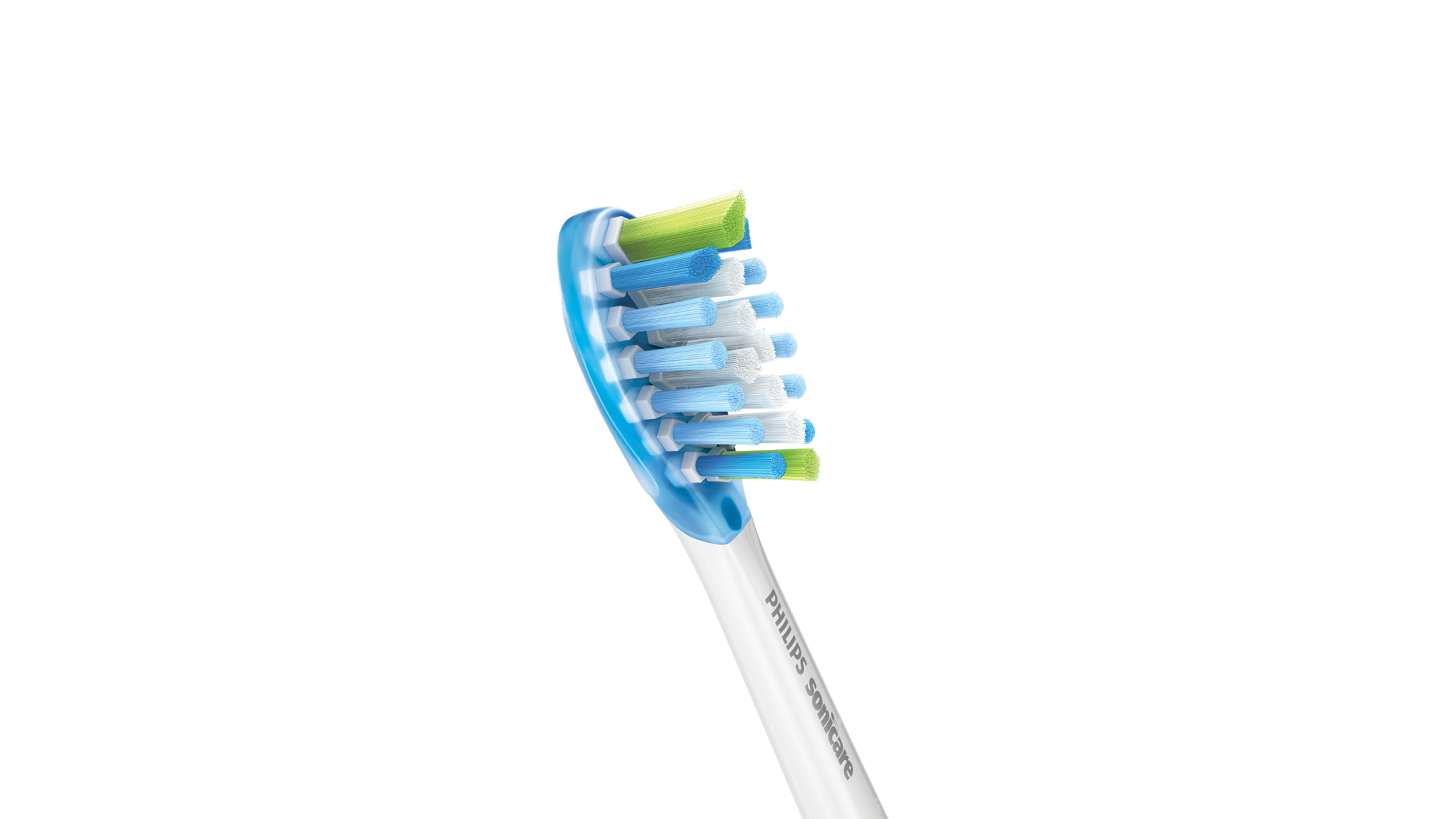 Primo piano di una testina Philips Sonicare con setole blu, verdi e bianche.