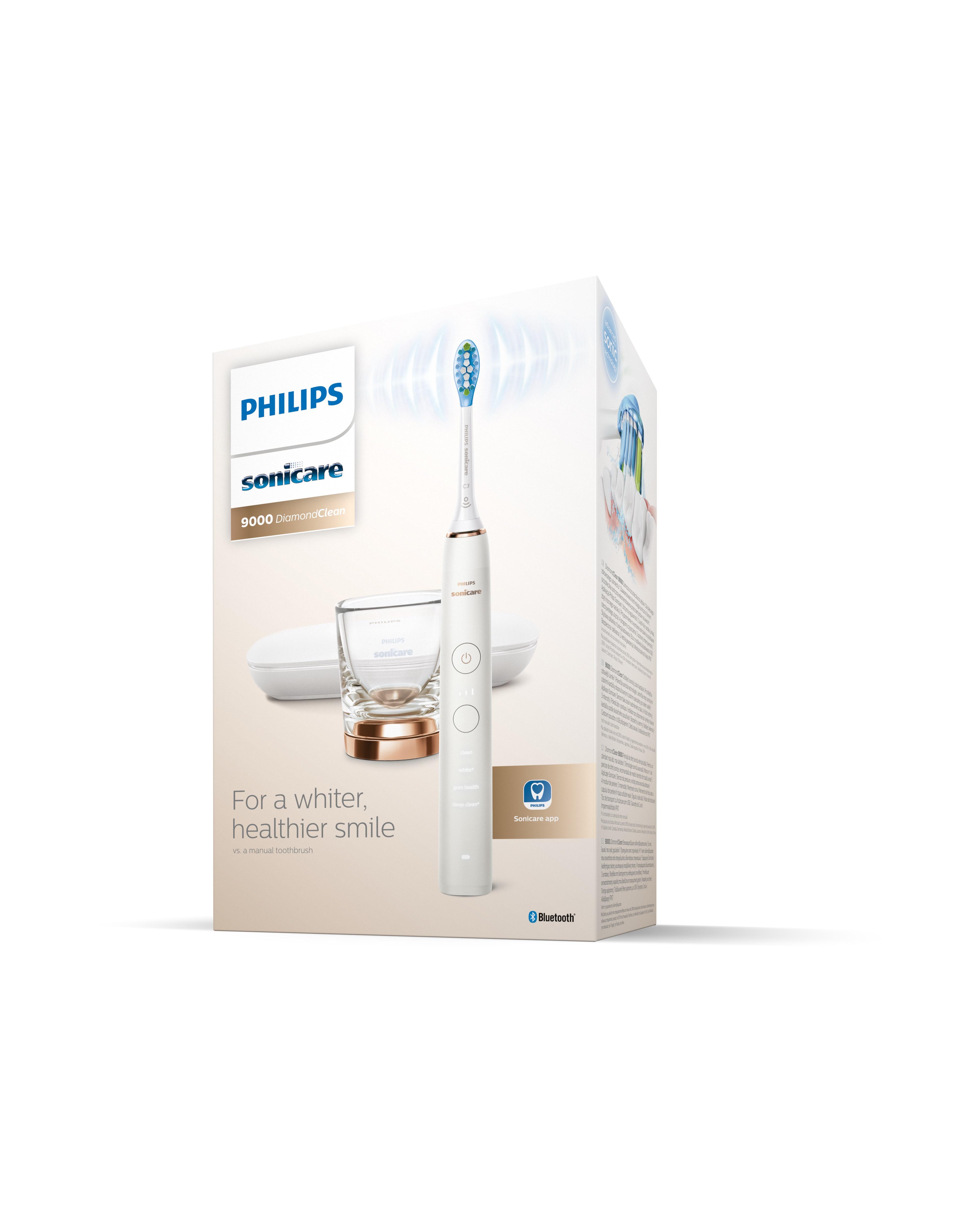 Uno spazzolino Philips Sonicare in una scatola. Ha un manico bianco e una base di ricarica.