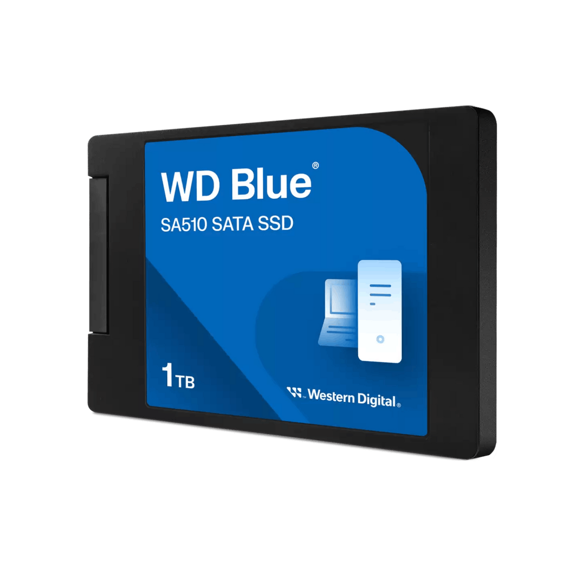 Dysk SSD WD Blue na czarnym tle. Dysk SSD ma niebieską etykietę z ikoną komputera.