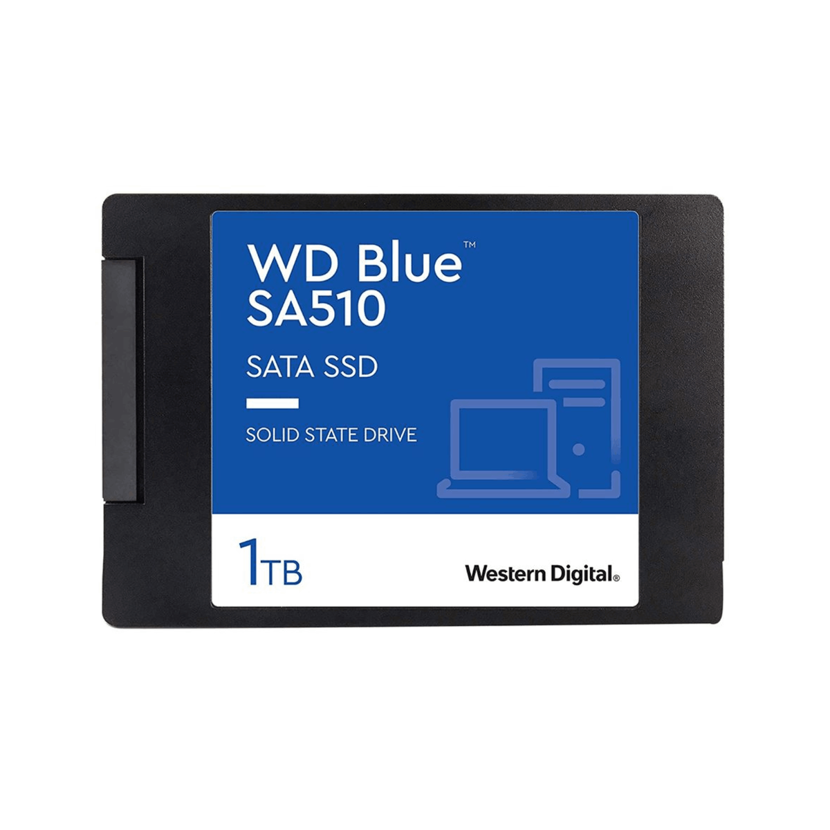 Czarny dysk SSD SATA WD Blue SA510, 1 TB, w opakowaniu, z tekstem i logo.