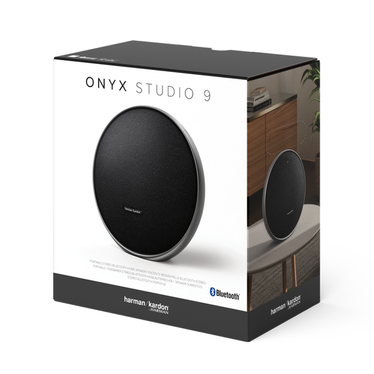 Eine schwarze, runde Lautsprecherbox mit dem Markennamen "Onyx Studio 9" oben.