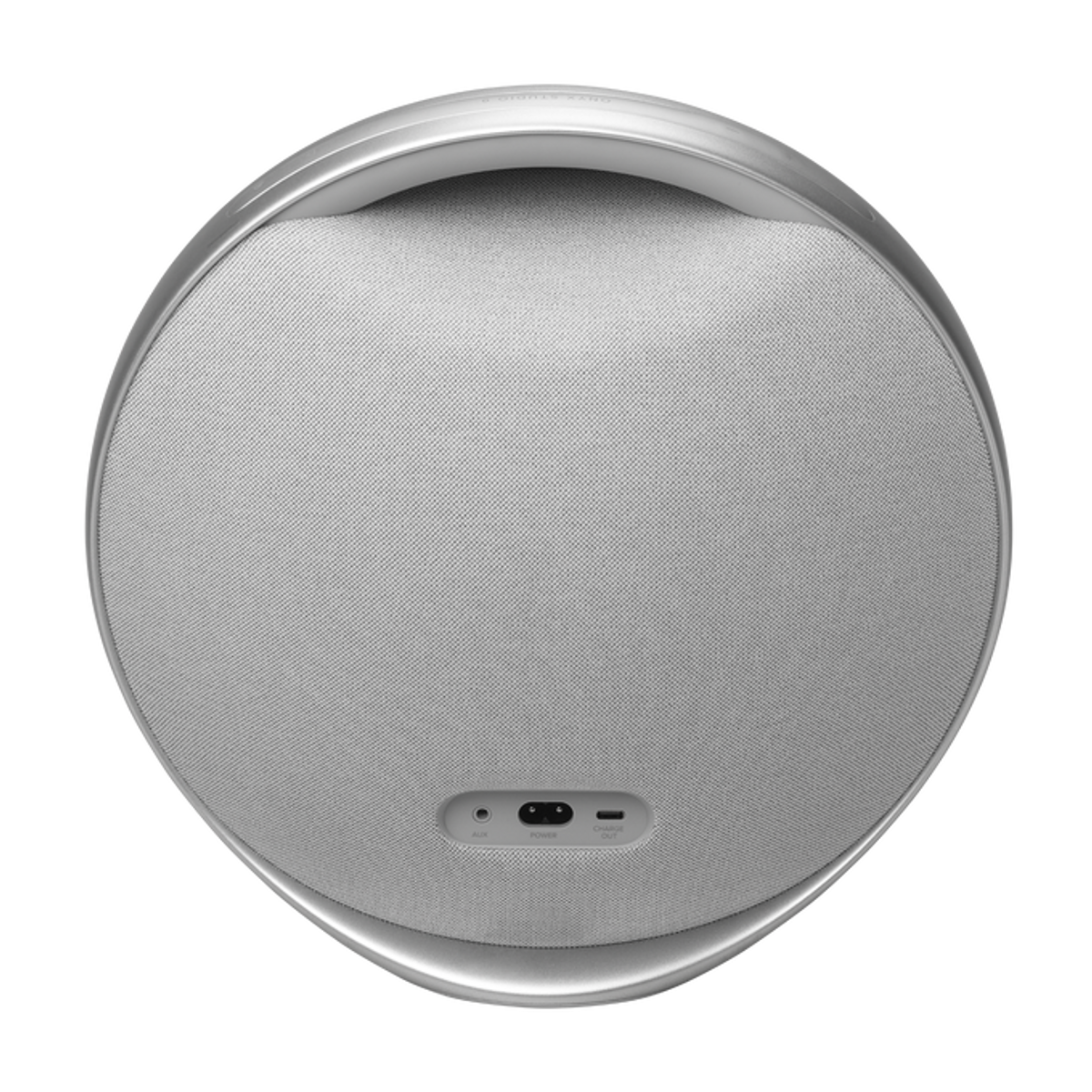 Altoparlante argentato, di forma ovale, con una parte anteriore in rete. Ha delle porte sul retro. Sfondo nero.
