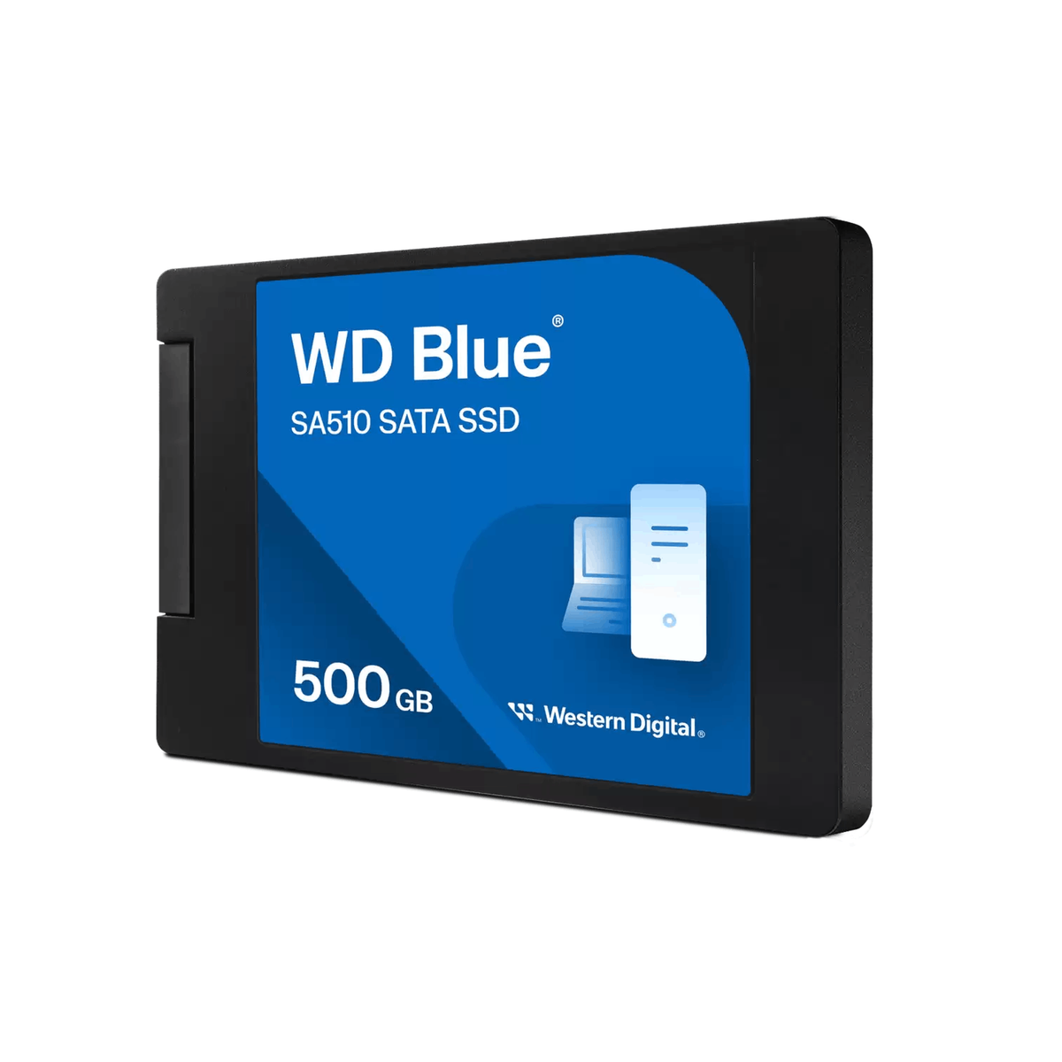 Niebieski dysk SSD z niebieską etykietą, z napisem "WD Blue 500GB".